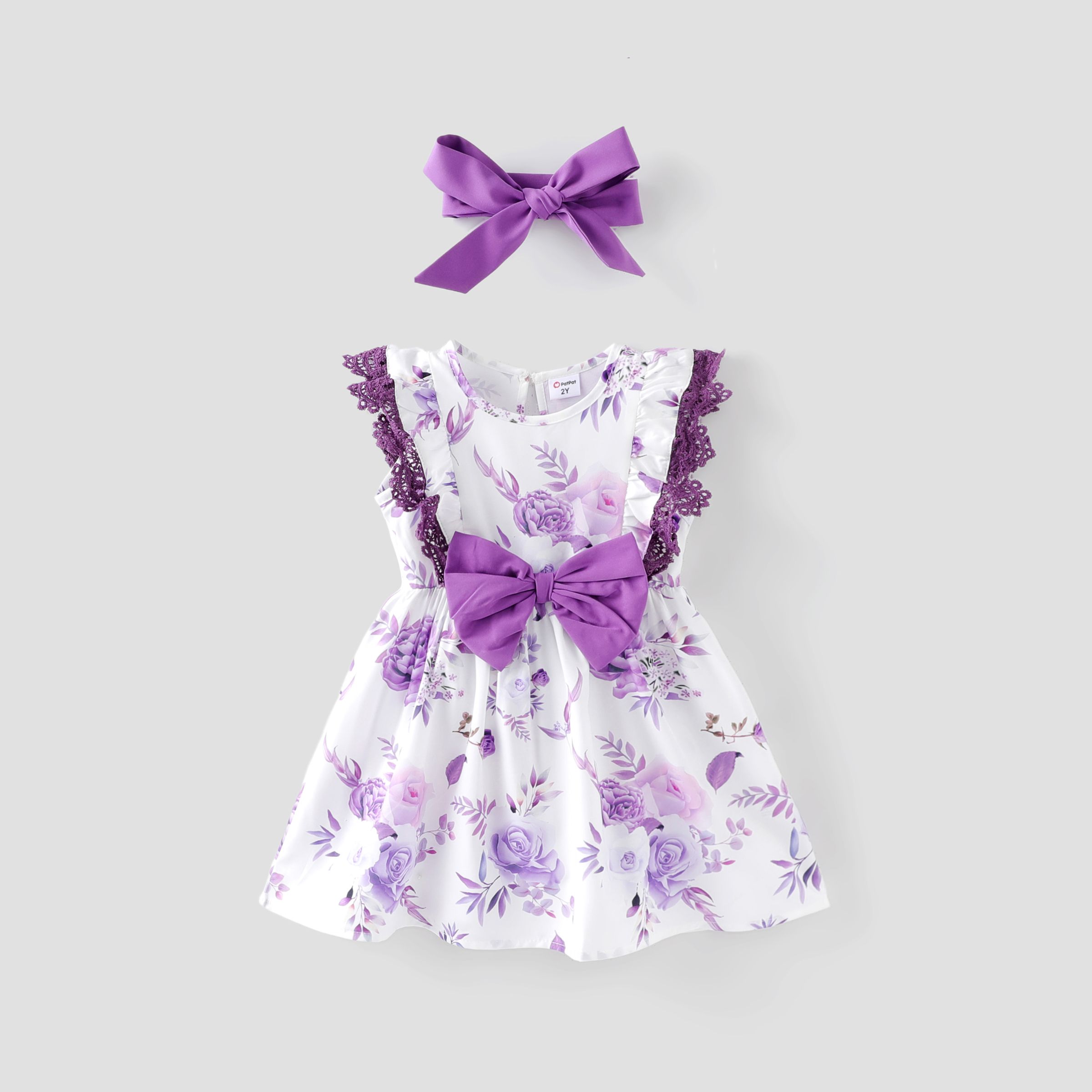 Toddler Girl 2pcs Sweet Floral Print Dress And Headband Set/ Princess Shoes