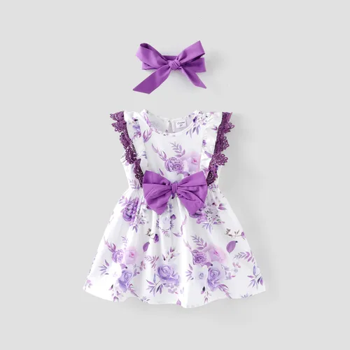 Toddler Girl 2pcs doce vestido de estampa floral e conjunto de bandana