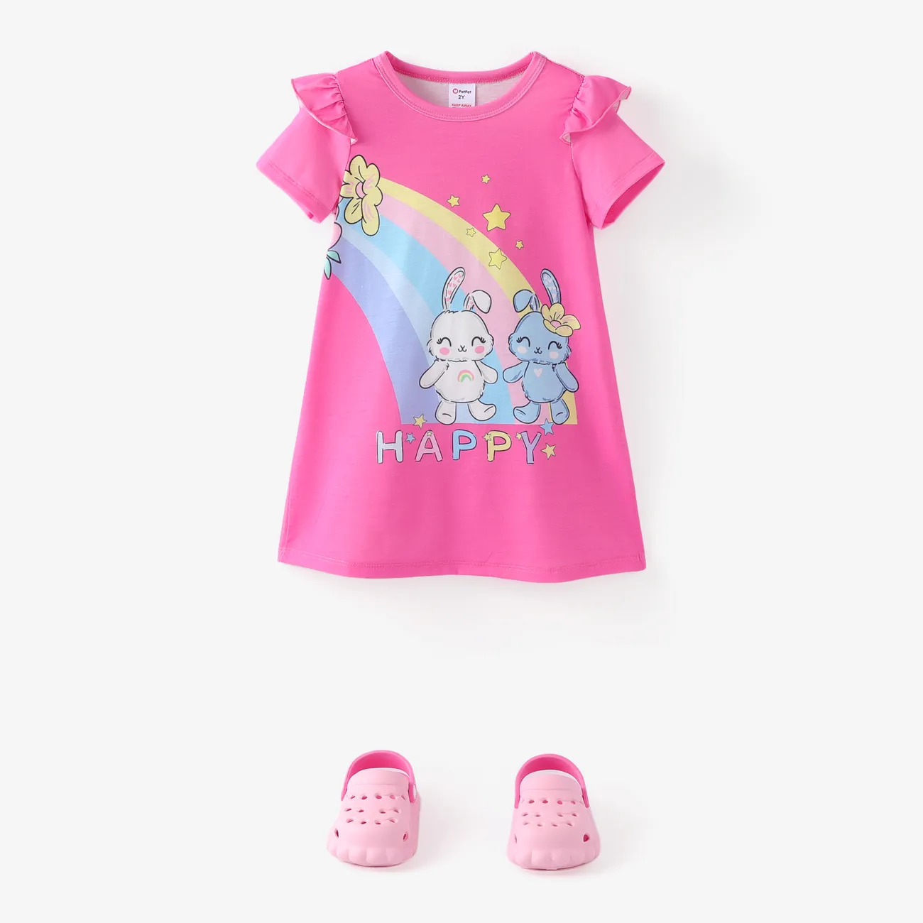Toddler/Kid Girl Animal Print Flutter Manga Vestido Pijama Rosa Quente big image 1
