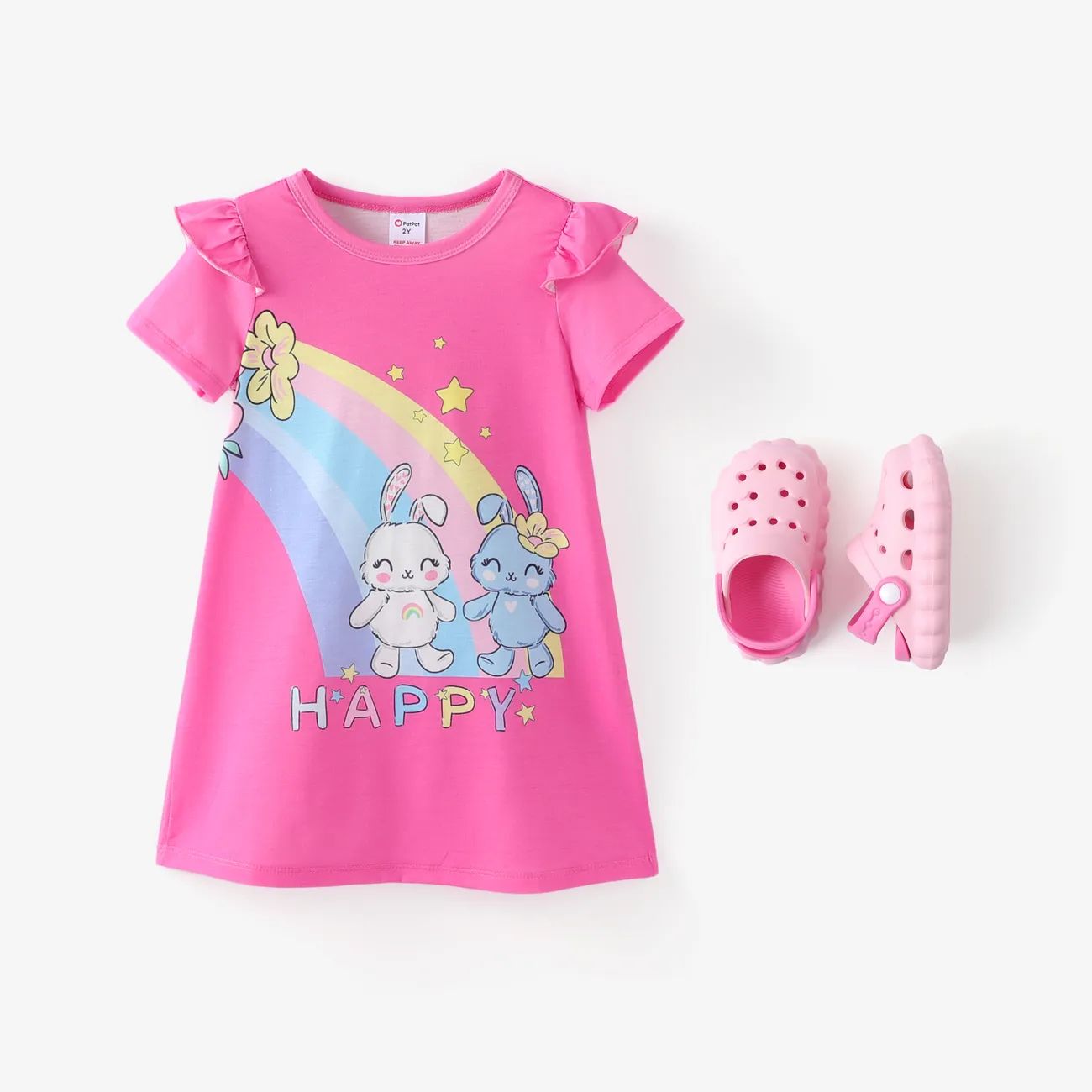 Niño pequeño / niña Animal print Vestido de manga ondulada Pijama Rosa caliente big image 1