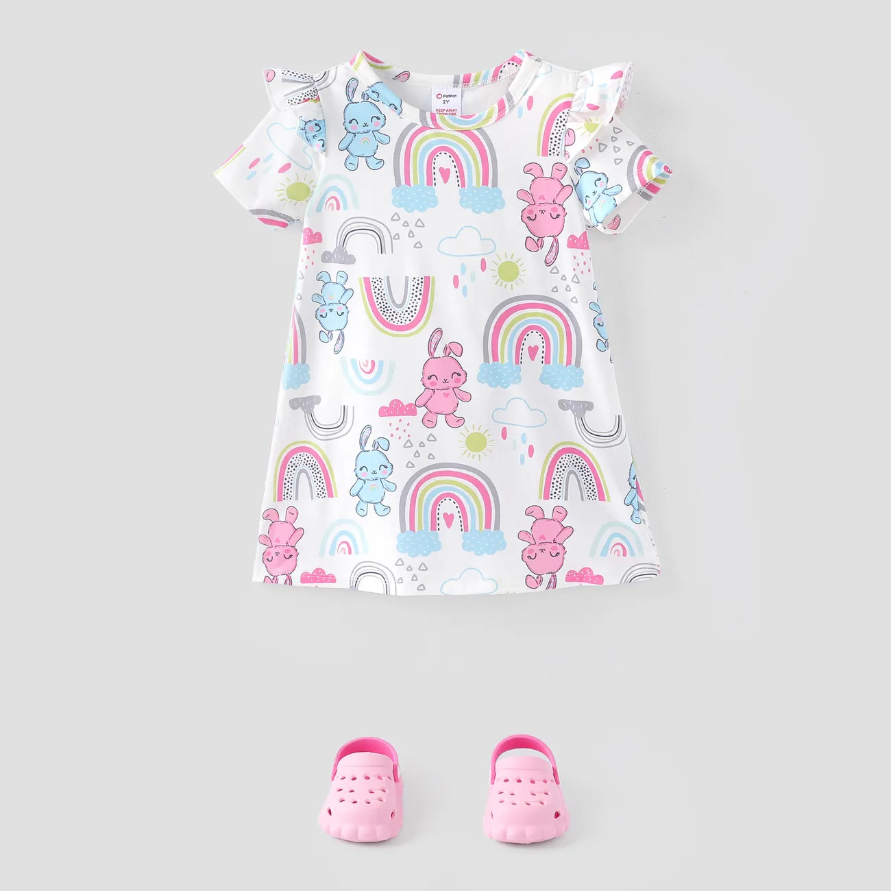 طفل صغير / طفل فتاة طباعة رفرفة كم اللباس بيجامة متعدد الألوان big image 1