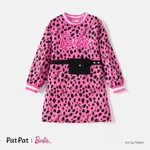 Barbie Kid Girl Leopard Print/Colorblock Waist Bag Design Sweatshirt Dress Pink