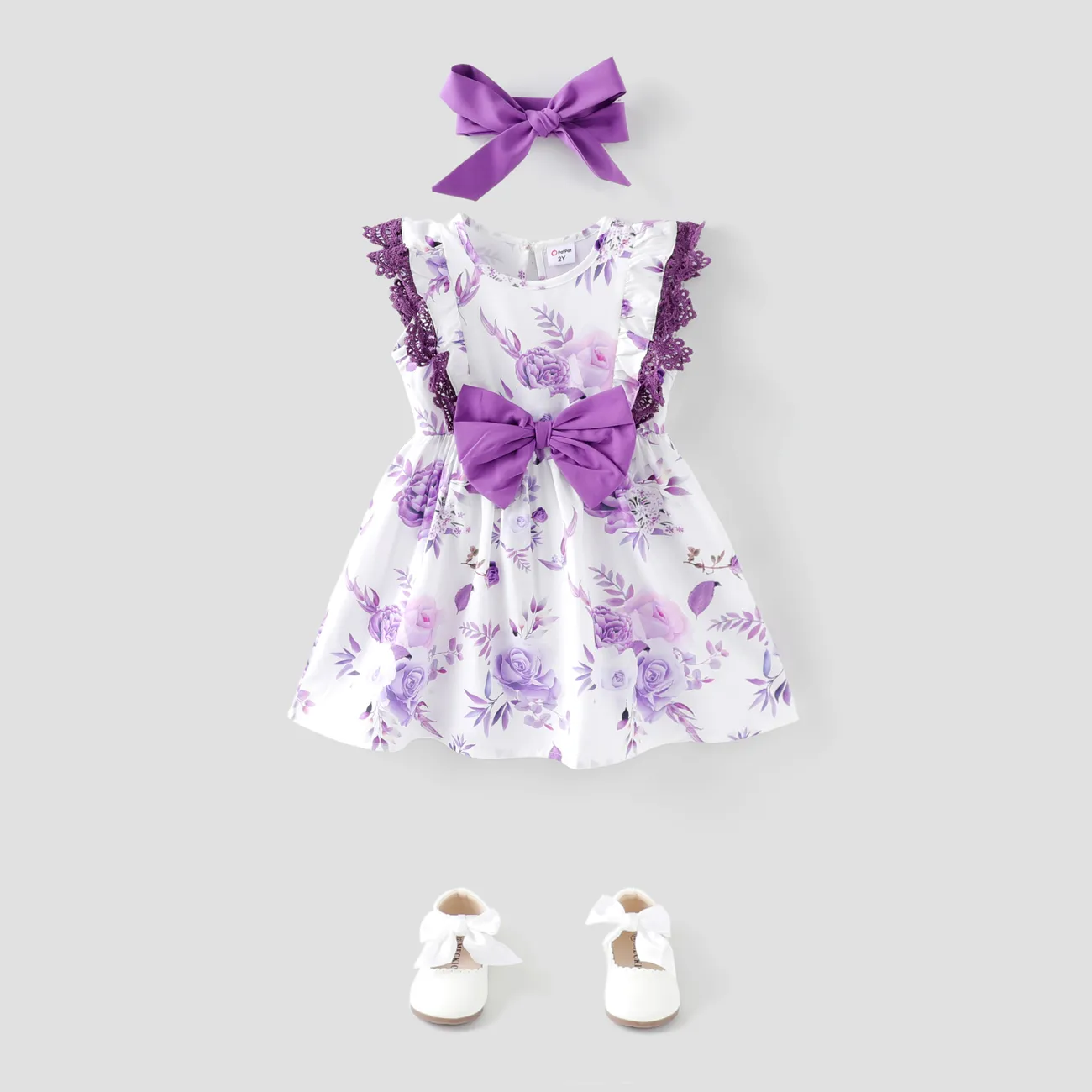 Toddler Girl 2pcs Sweet Floral Print Dress and Headband Set Light Purple big image 1