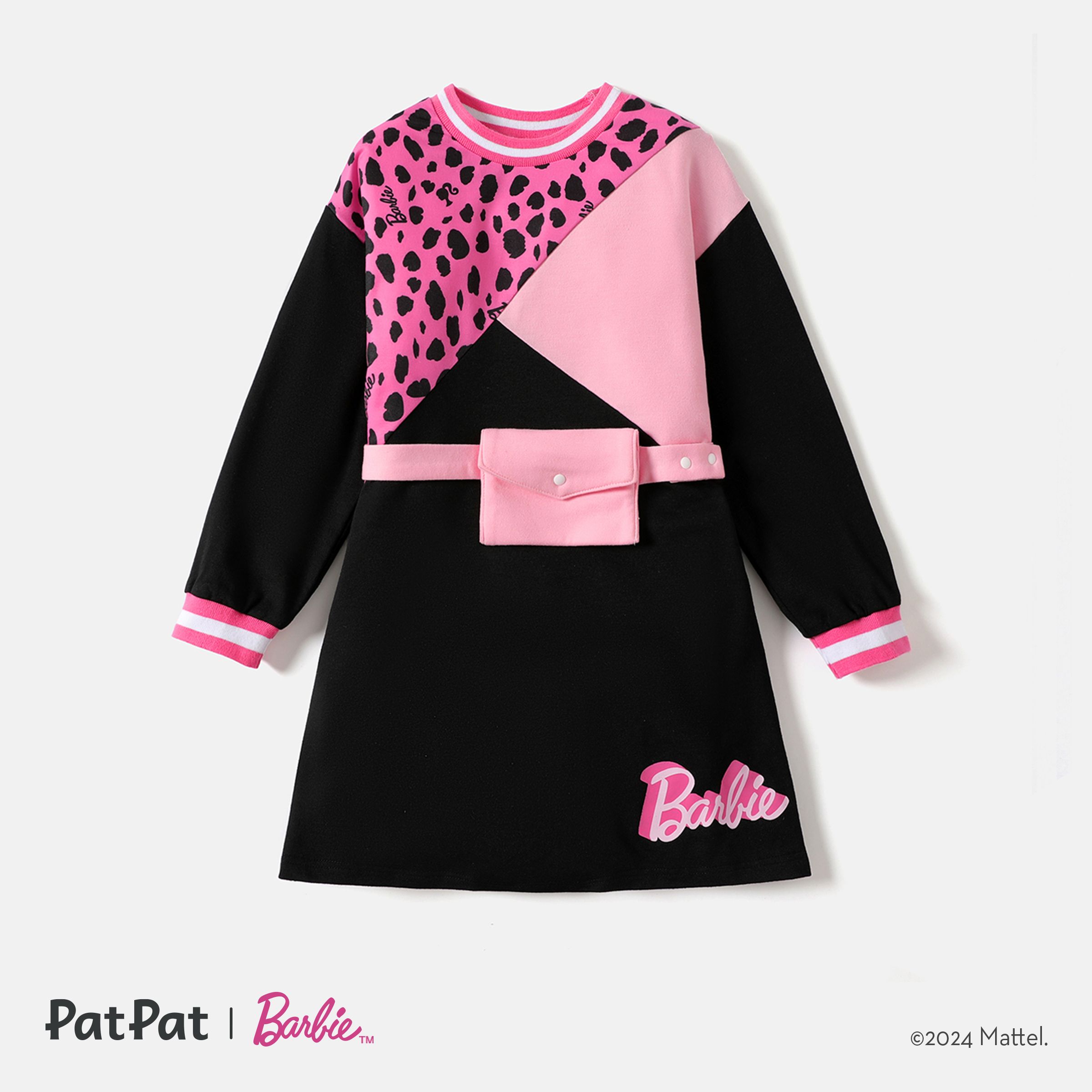 Barbie Kid Girl Leopard Print/Colorblock Waist Bag Design Sweatshirt Dress