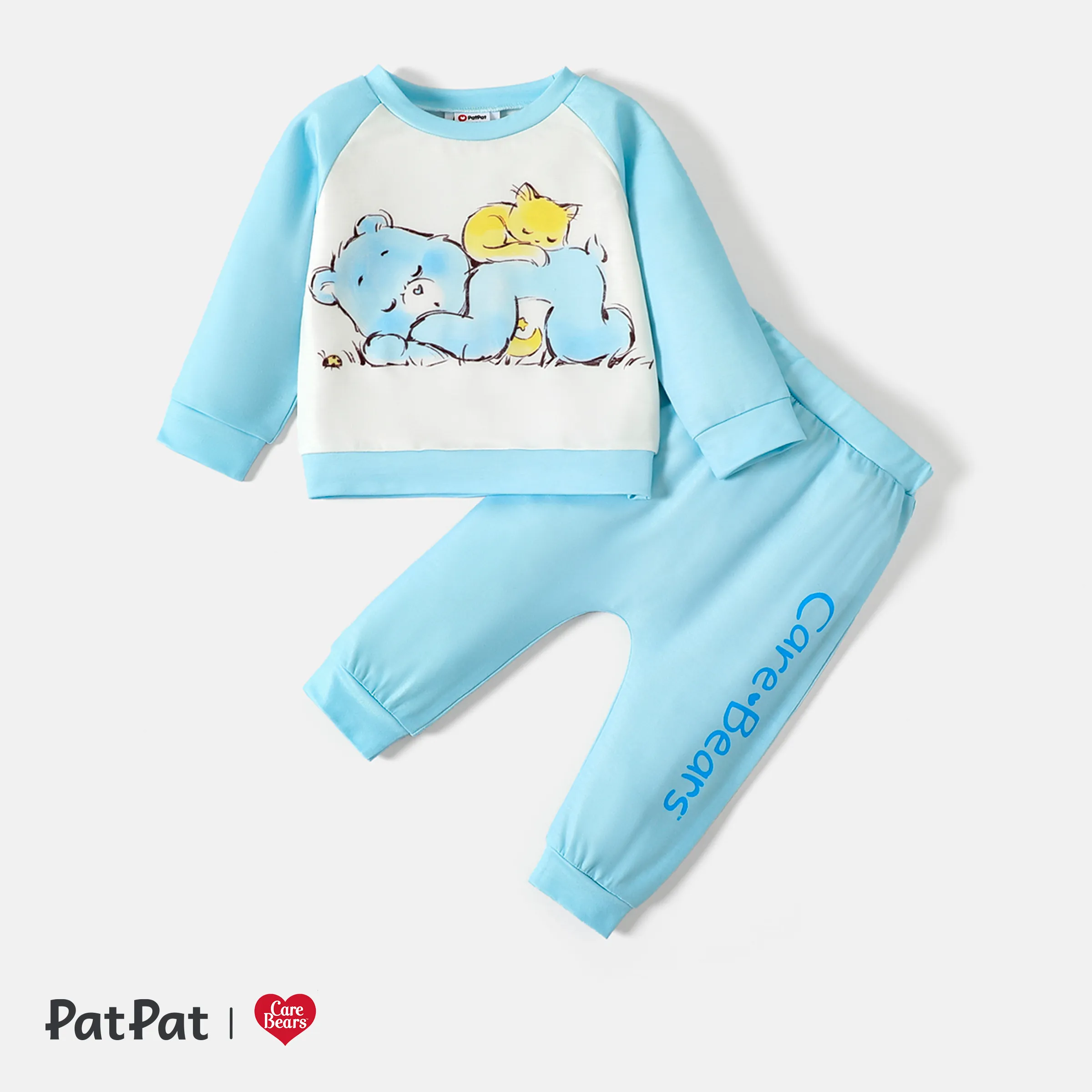 Care Bears 2pcs Baby Boy/Girl Bear & Letter Print Raglan-sleeve Sweatshirt And Sweatpants Set
