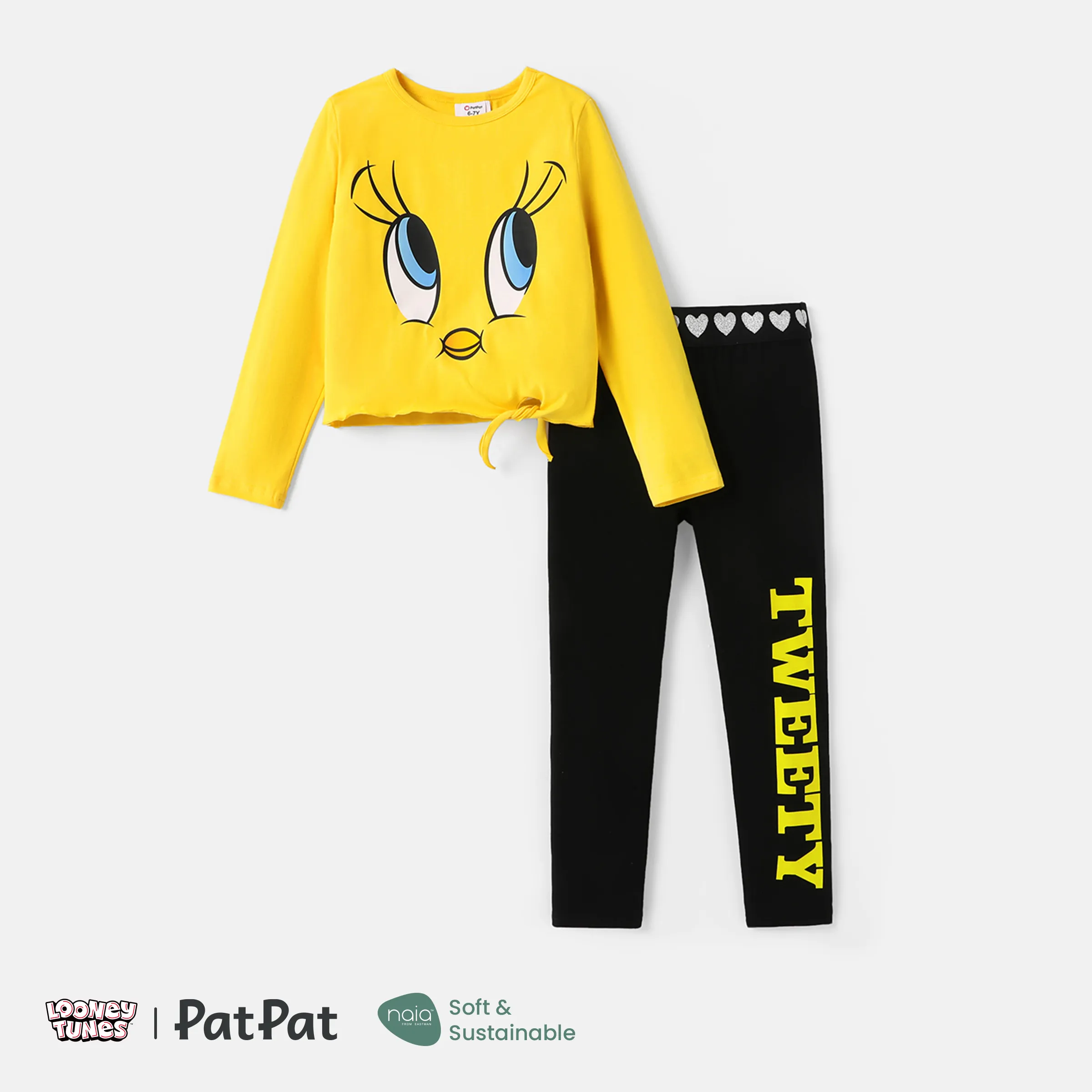 Looney Tunes 2 Pièces Enfant Fille Personnage Imprimé Cravate Noeud Coton à Manches Longues T-shirt Et Lettre Imprimé Leggings Ensemble