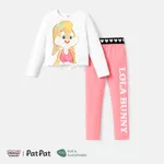 Looney Tunes 2pcs Kid Girl Character Print Tie Knot Cotton Long-sleeve Tee and Letter Print Leggings Set White