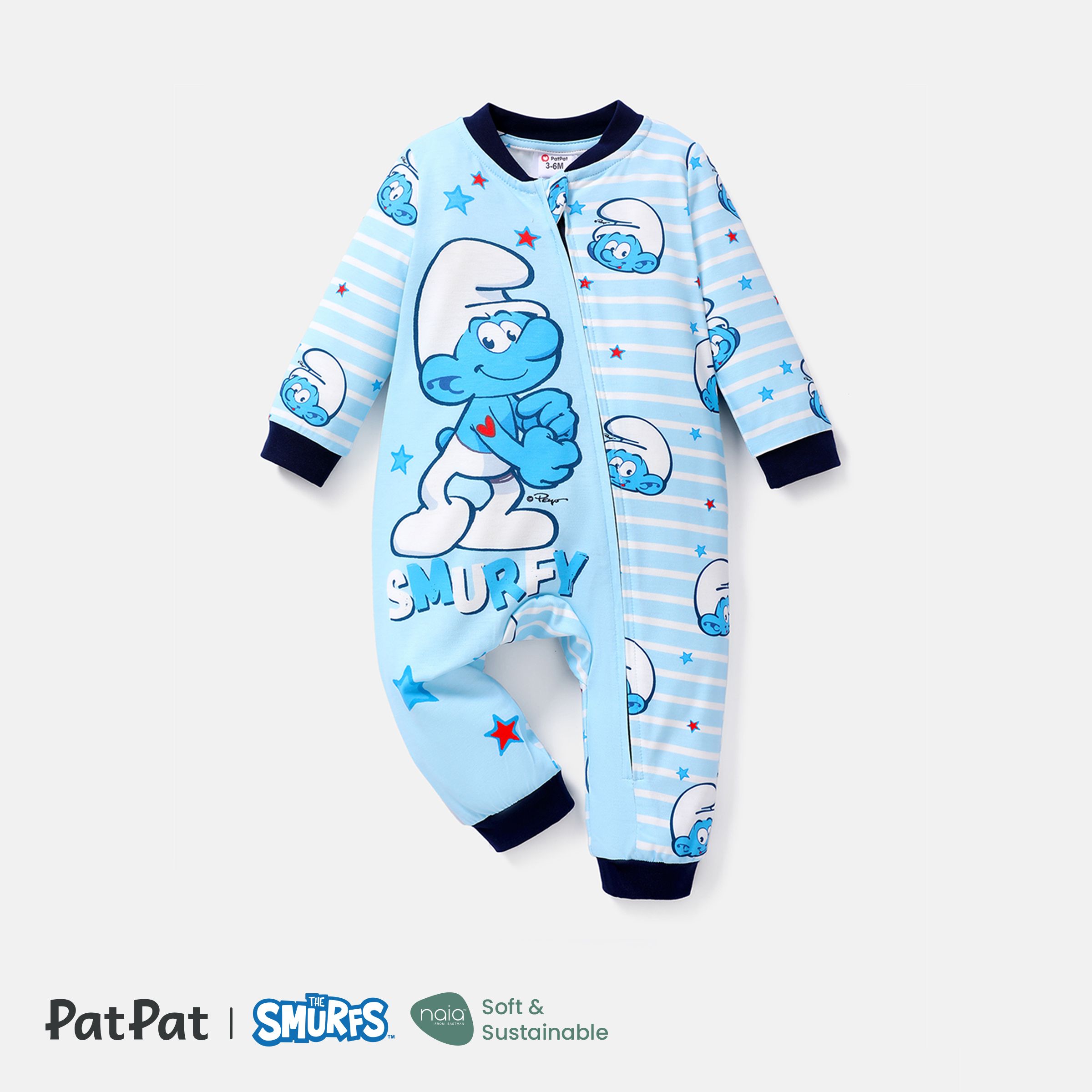 

The Smurfs Baby Boy/Girl Allover Print Blue Striped Long-sleeve Zipper Naia™ Jumpsuit
