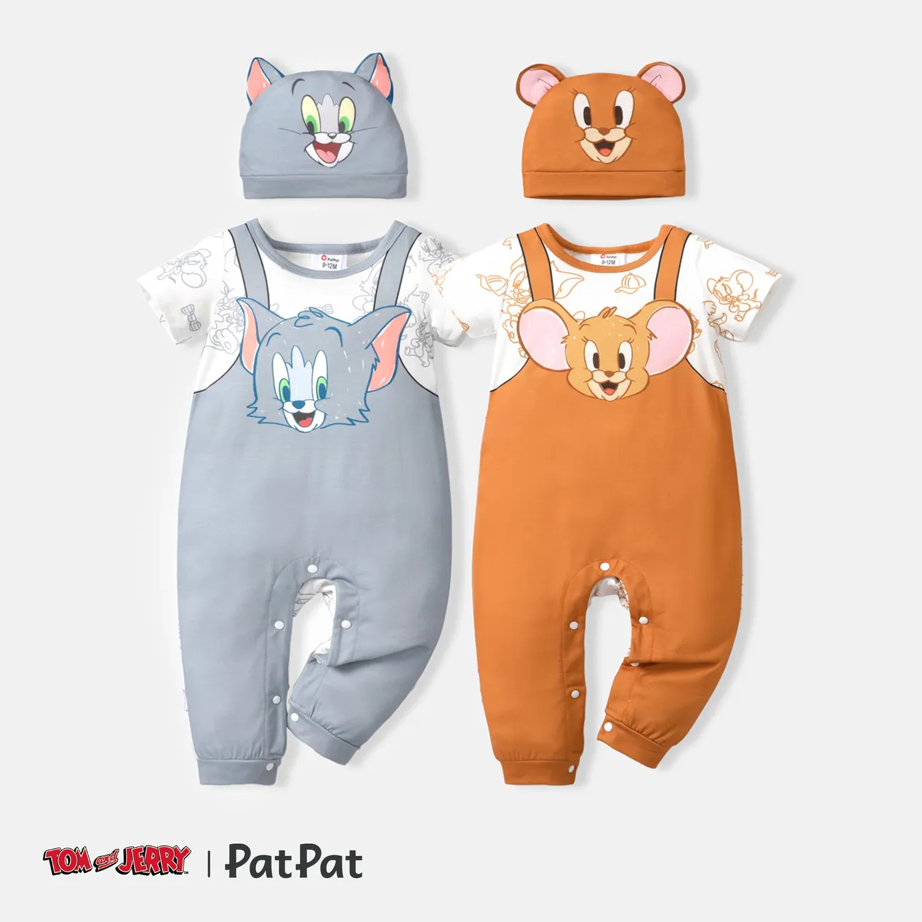Tom and Jerry 2pcs Baby Boy Short-sleeve Graphic Jumpsuit and 3D Ear Hat Set Grey big image 1