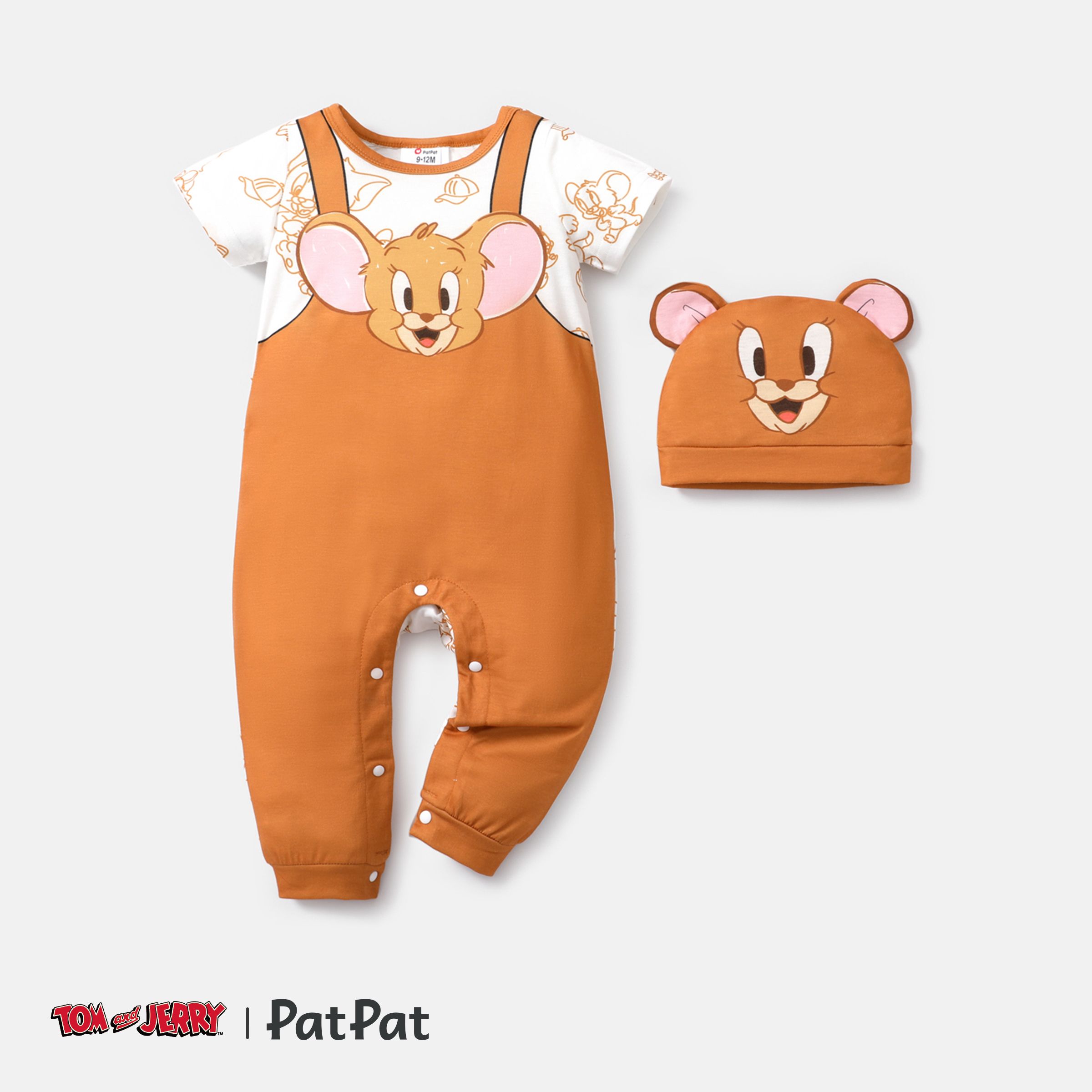 Tom And Jerry 2pcs Baby Boy Short-sleeve Graphic Jumpsuit And 3D Ear Hat Set