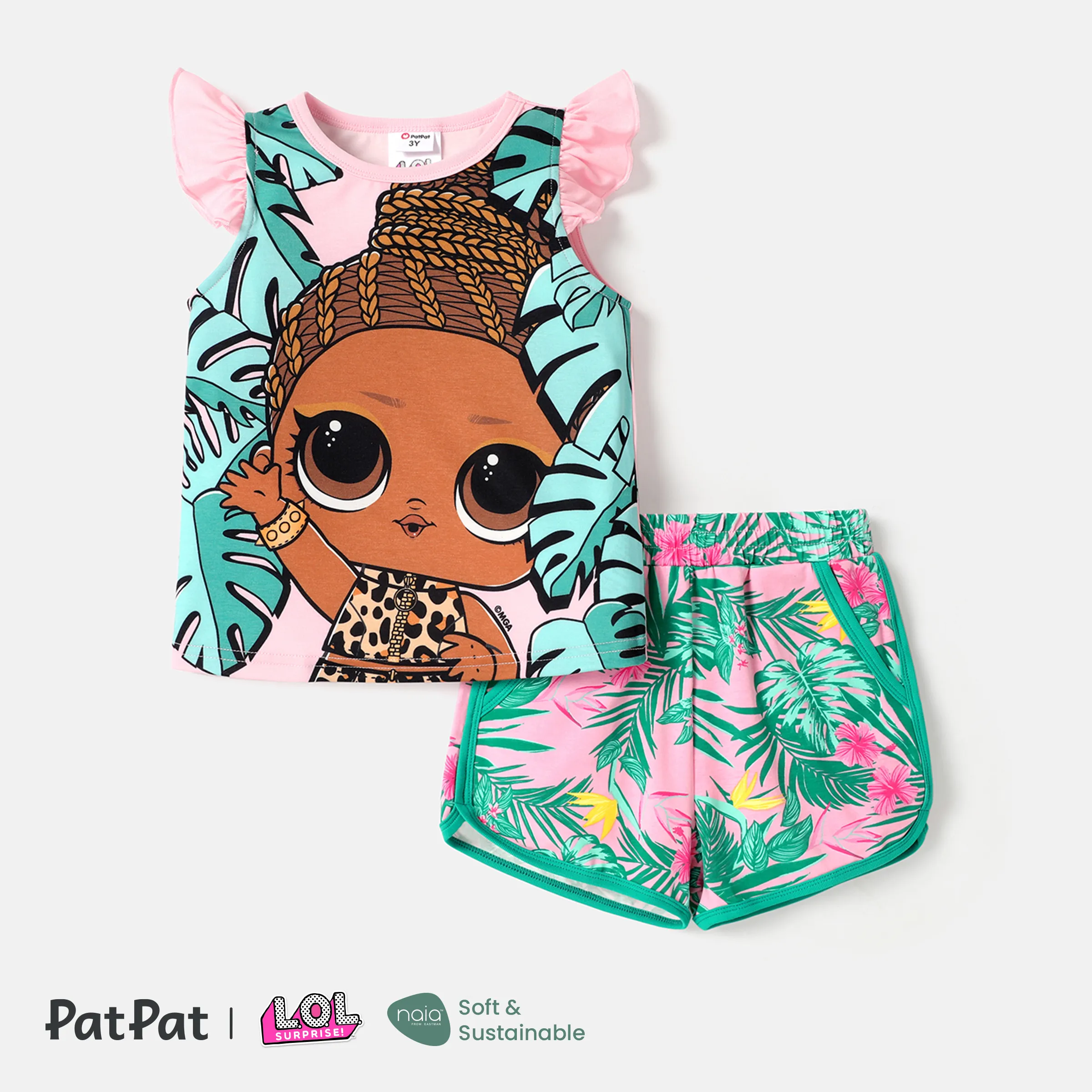 L.O.L. SURPRISE! Toddler/Kid Girl Flutter-sleeve Tee And Tree Print Cotton Shorts Set