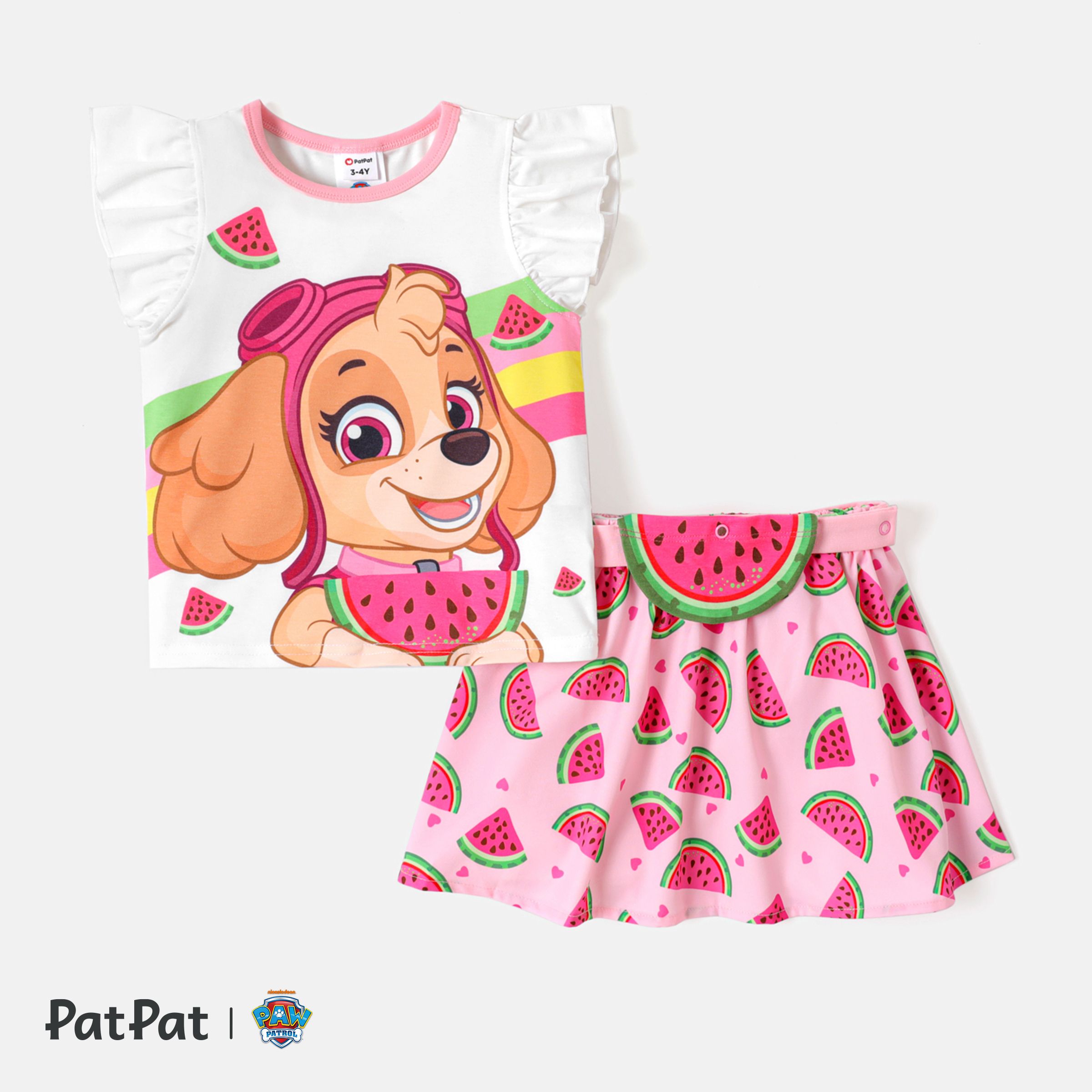 PAW Patrol Toddler Girl 2pcs Naiatm Character Print Flutter-sleeve Top and Watermelon Print Skirt Se