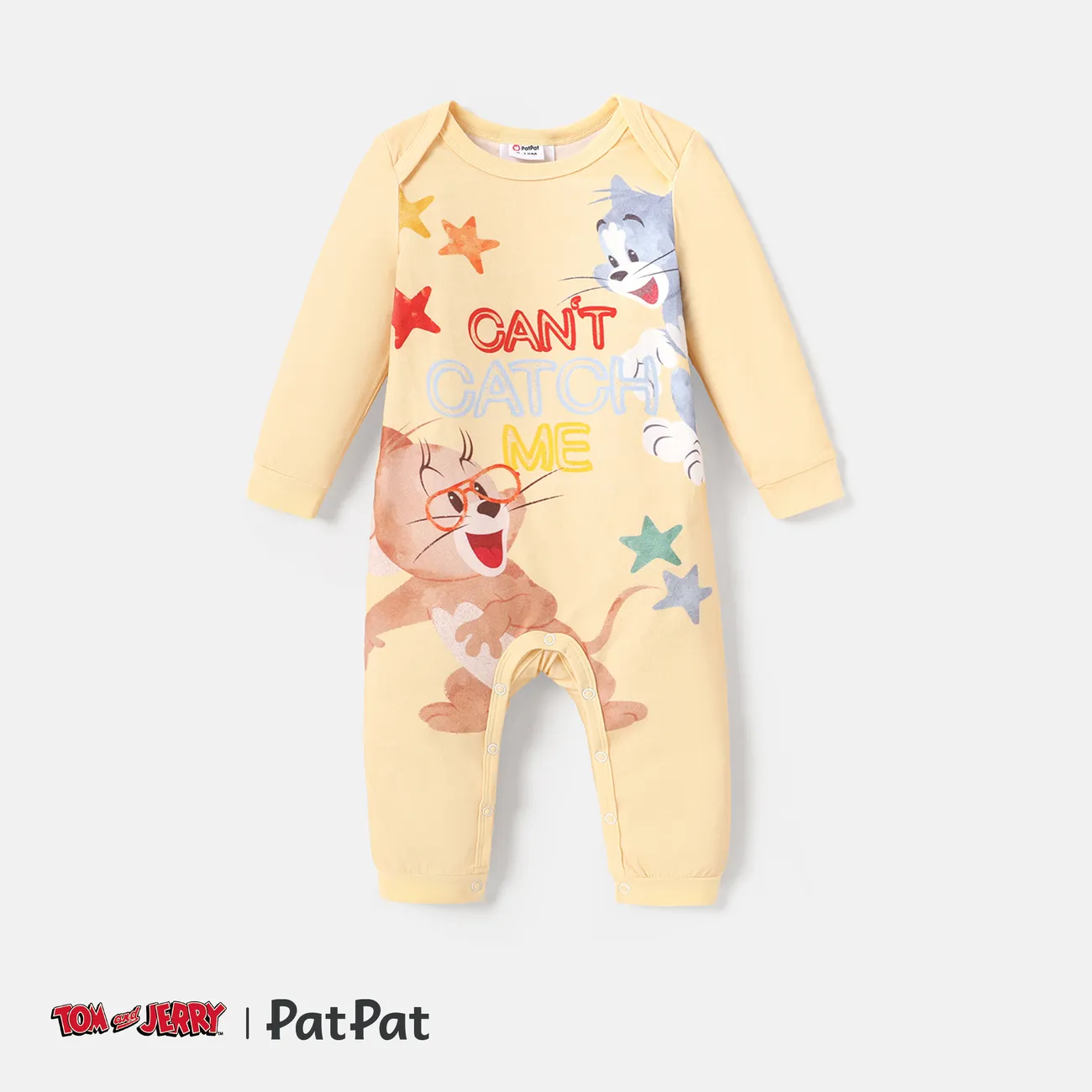 Tom and Jerry Baby Girl/Boy Character Print Long-sleeve Cotton Jumpsuit LightYellow big image 1
