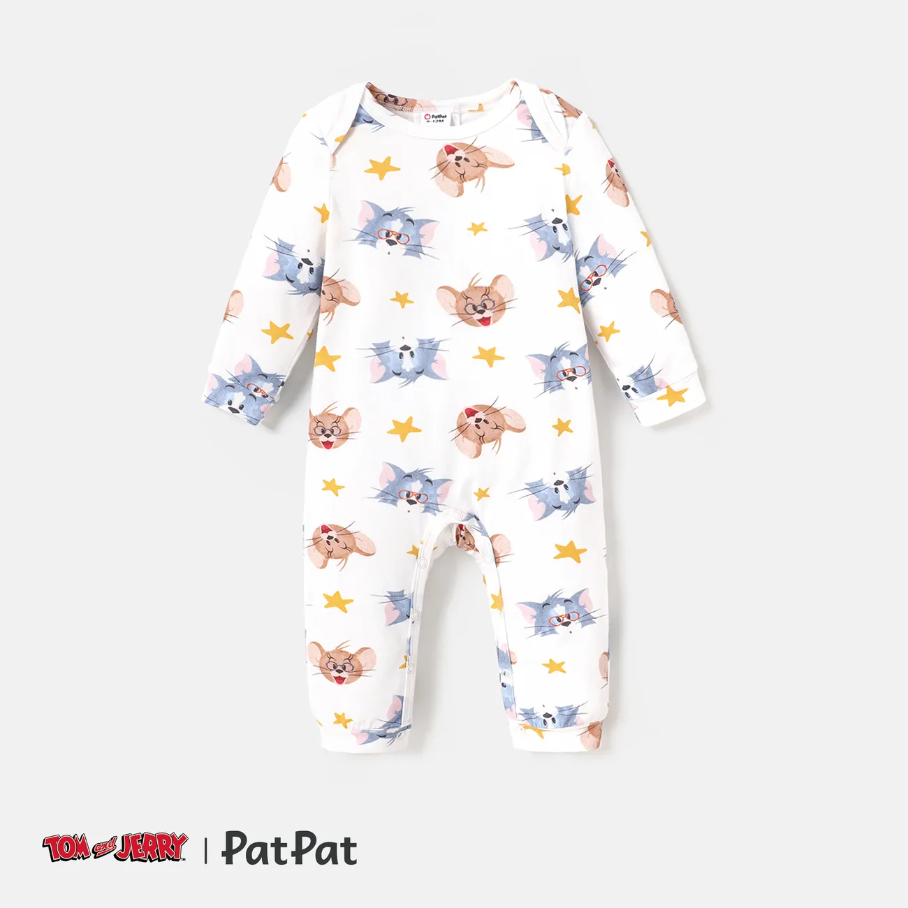 Tom and Jerry Baby Girl/Boy Character Print Long-sleeve Cotton Jumpsuit White big image 1