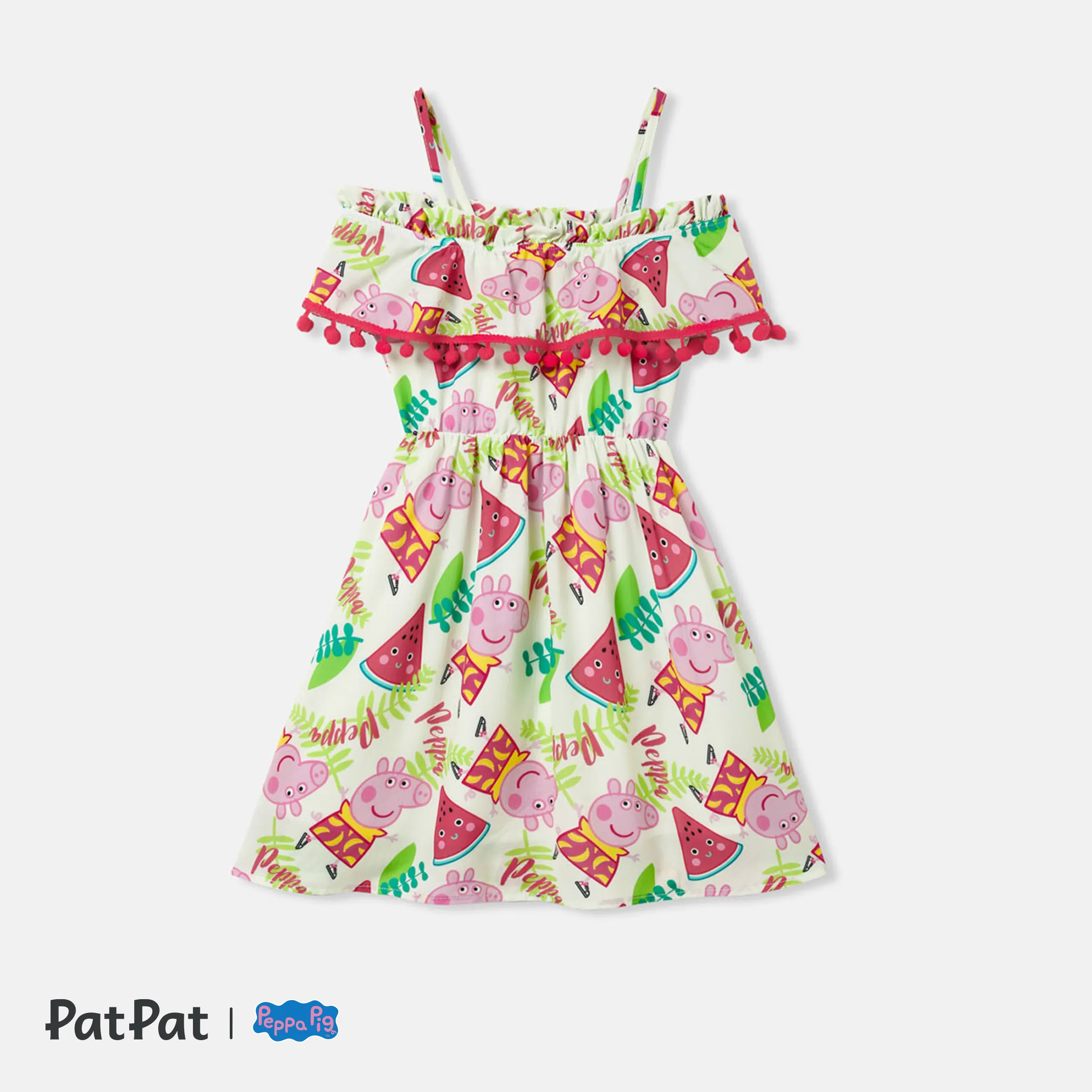 Peppa Pig Mommy And Me Watermelon & Character Print Pom Pom Decor Ruffled Off-Shoulder Slip Dresses
