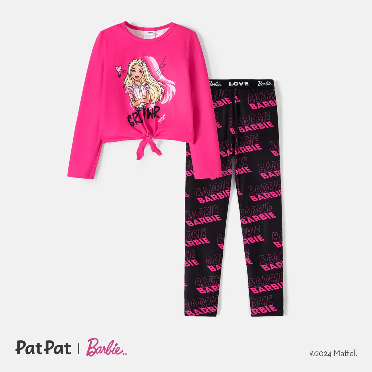 Barbie Kid Girl 2pcs Knot Hem Long-sleeve Top and Letter Print Leggings Pants Set  Roseo big image 1