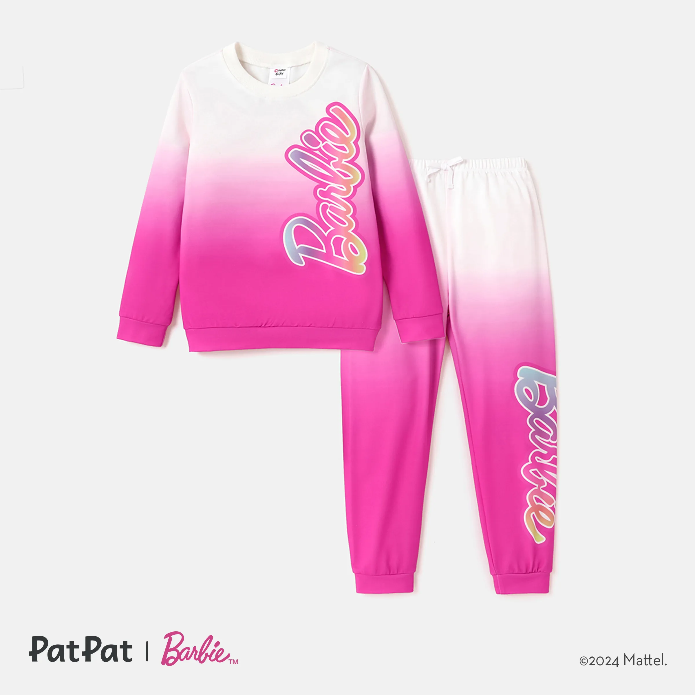 Barbie Kid Girl 2pcs Letter Print Colorblock Long-sleeve Top and Pants Set
