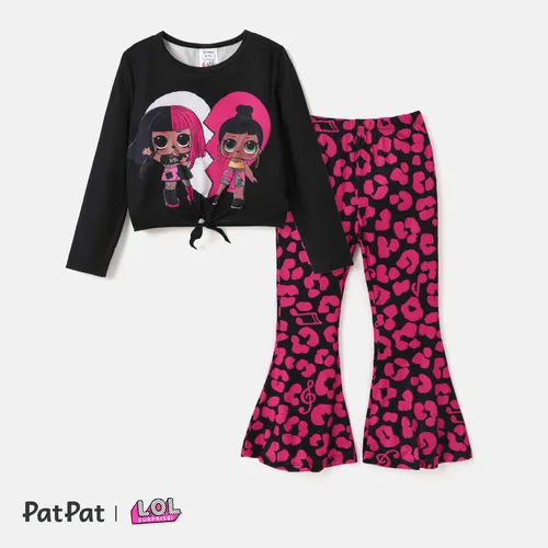 L.O.L. SURPRISE! Kid Girl 2pcs Knot Hem Long-sleeve Top and Allover Print Flared Pants Set 