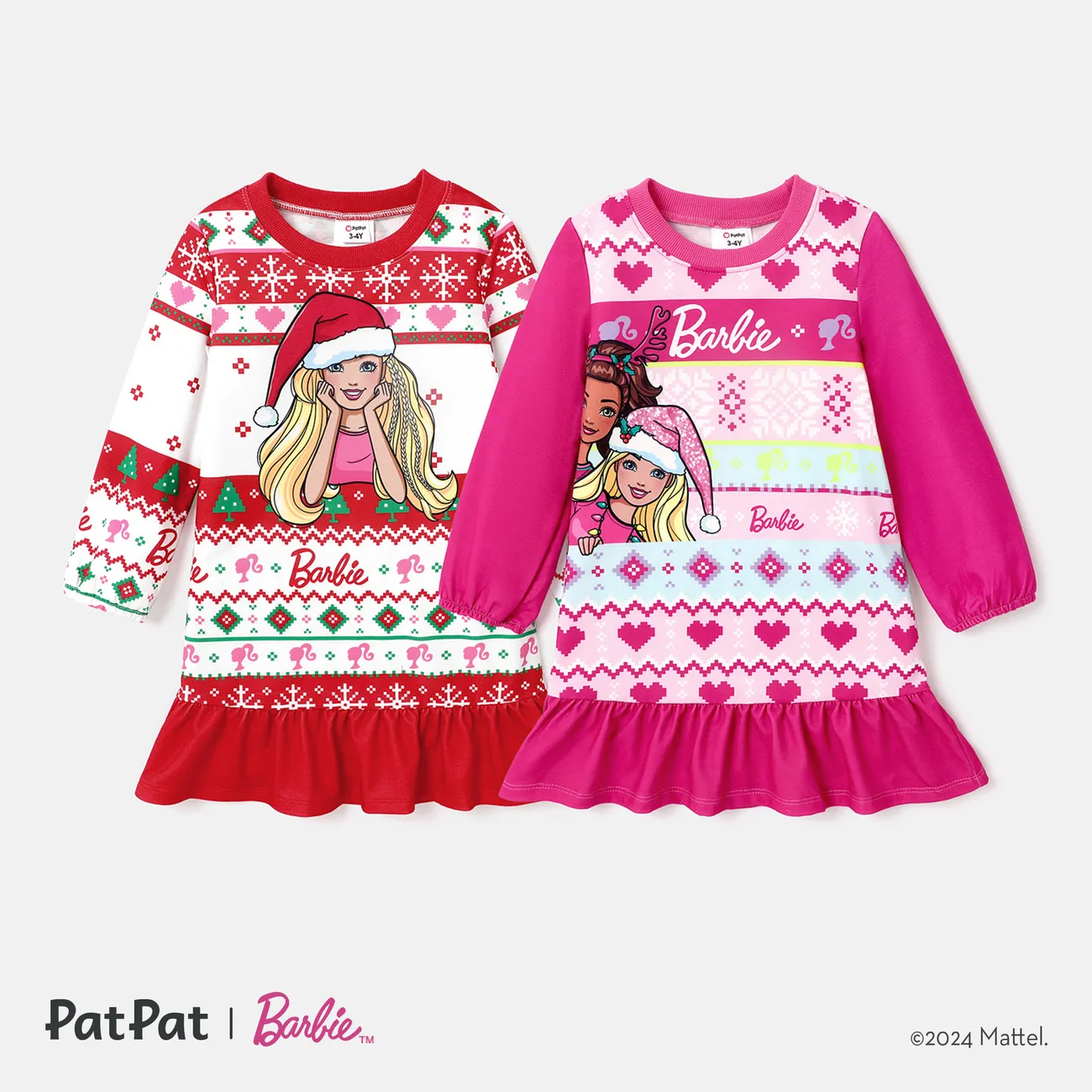 Barbie Toddler Girl Christmas Grass-green Ruffle Hem Long-sleeve Dress Hot Pink big image 1