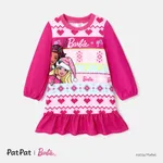 Barbie Toddler Girl Christmas Grass-green Ruffle Hem Long-sleeve Dress Hot Pink