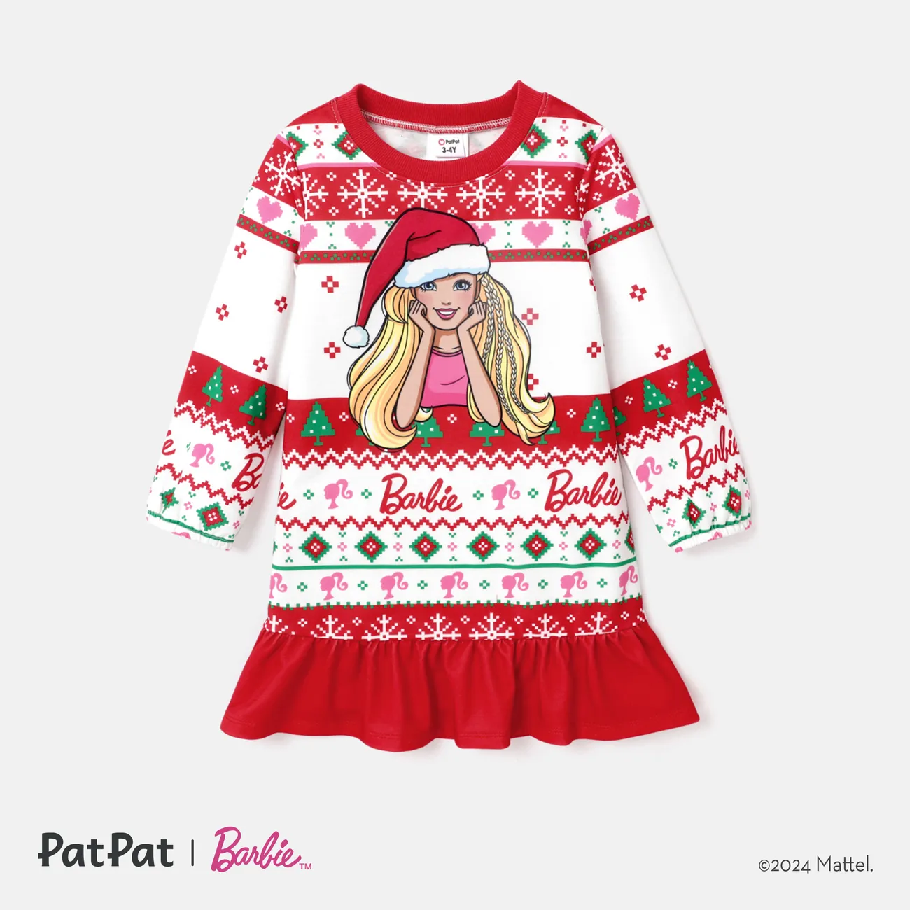 Barbie Toddler Girl Christmas Grass-green Ruffle Hem Long-sleeve Dress Red big image 1