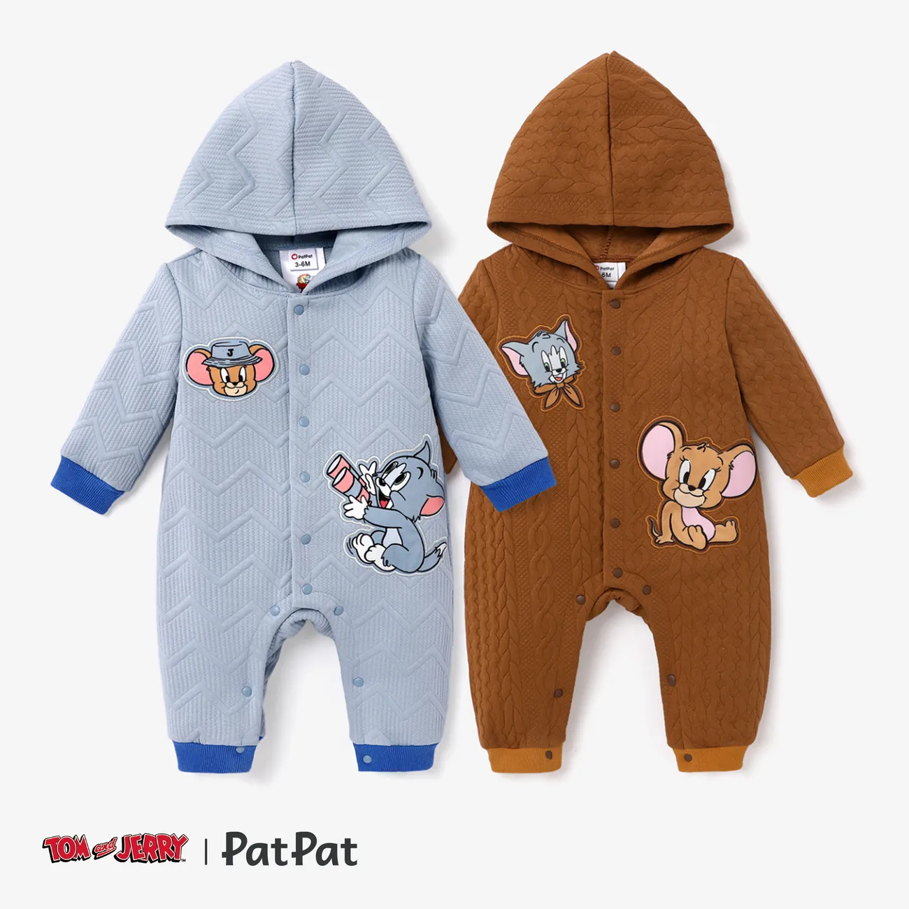 Tom and Jerry Baby Boy Jacquard Textured Embroidered Hooded Jumpsuit  Blue grey big image 1