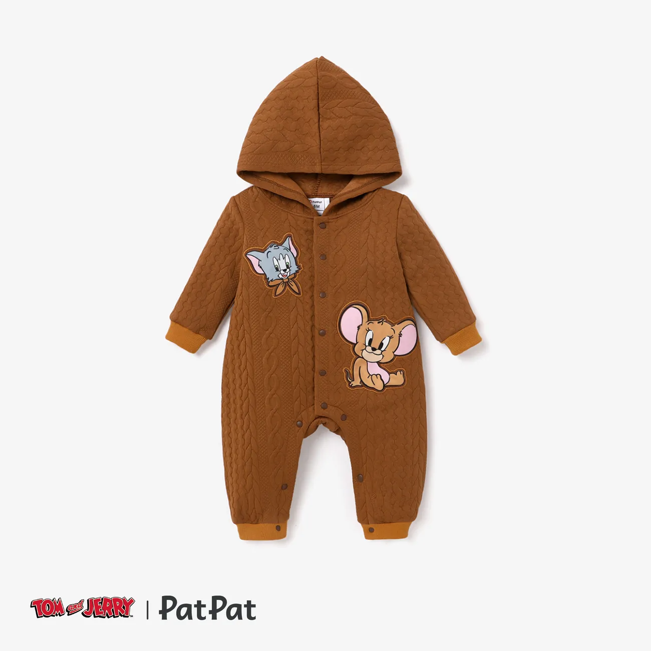 Tom and Jerry Baby Boy Jacquard Textured Embroidered Hooded Jumpsuit  Brown big image 1