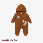 Tom and Jerry Baby Boy Jacquard Textured Embroidered Hooded Jumpsuit  Brown
