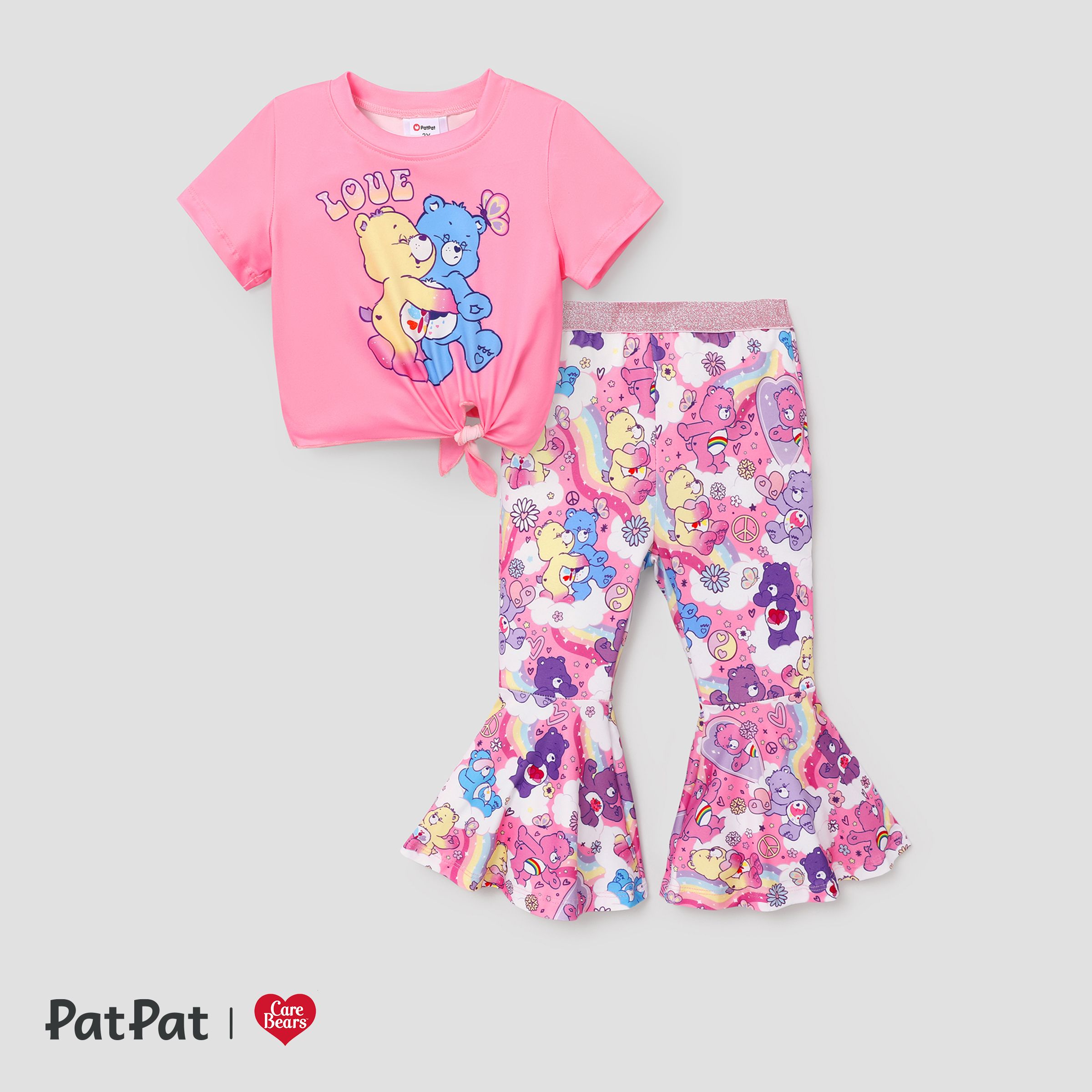 Care Bears Toddler Girl 2pcs Fashionable Character Print Short-sleeve Knotted Tee And Rainbow Print Flared Pants Set