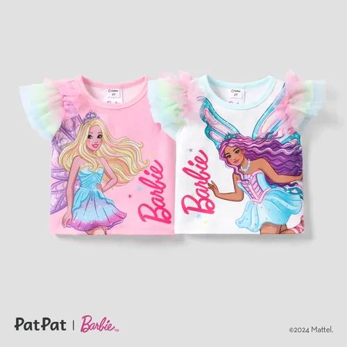 Barbie Kleinkind Mädchen Schmetterlingsprint Genähtes Mesh Fly Sleeve T-Shirt
