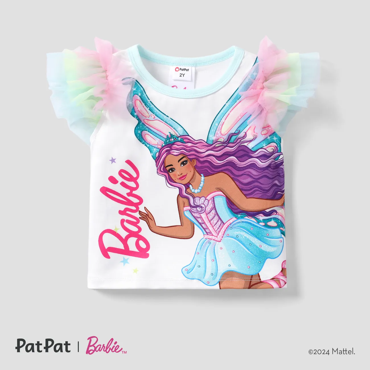 Barbie Toddler Girl Butterfly print Stiched Mesh Fly Sleeve Tee
 White big image 1