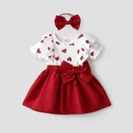 2pcs Baby Girl Heart Print Ruffled Faux-two Bowknot Dress & Headband Set WineRed