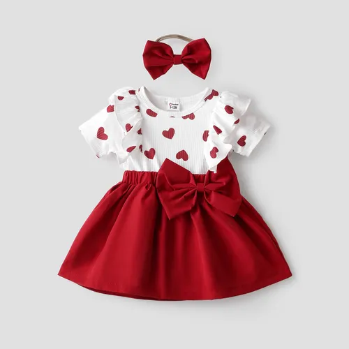2pcs Baby Girl Heart Print Ruffled Faux-two Bowknot Dress & Headband Set