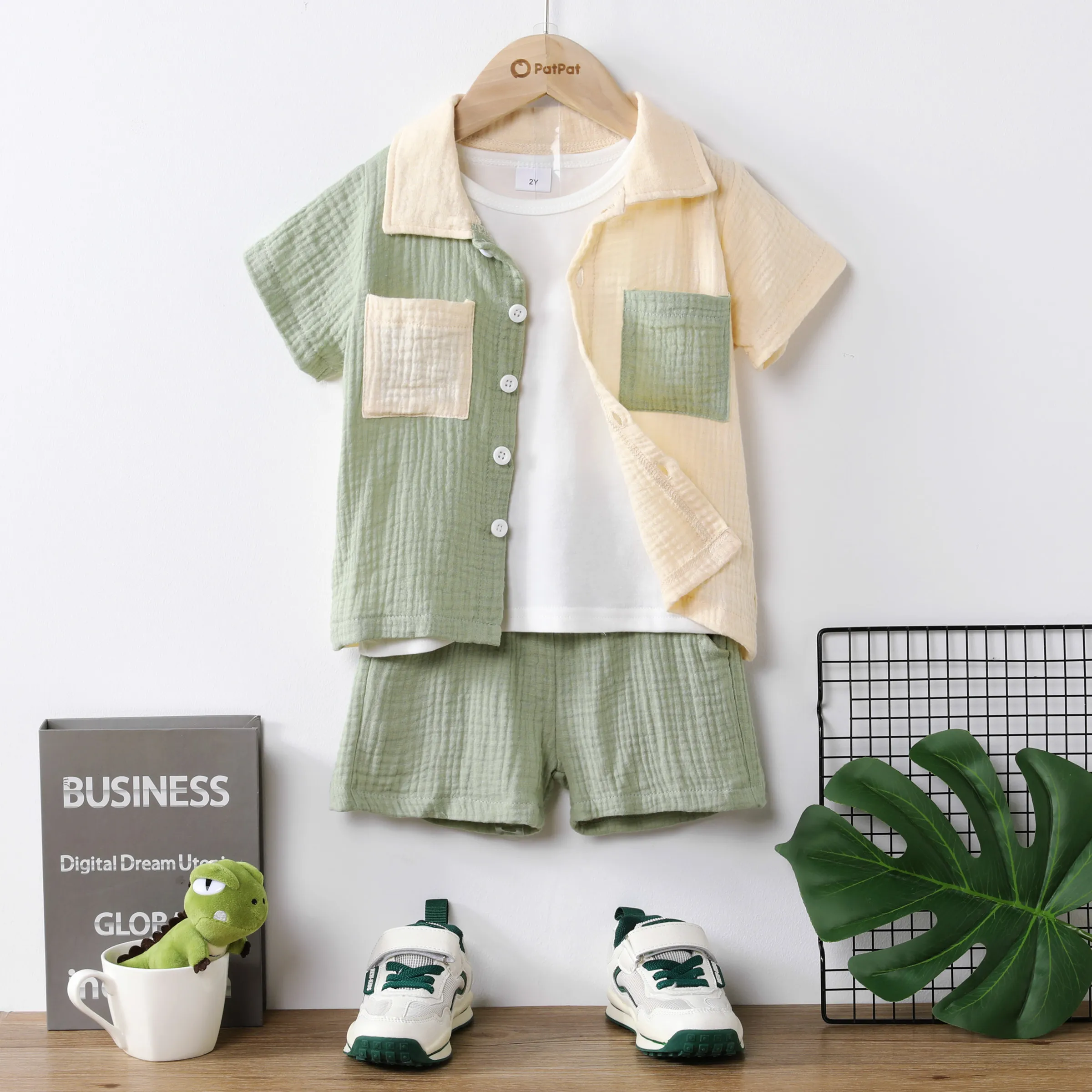 3pcs Toddler Boys' Solid Color Casual Lapel Top and Pants Set
