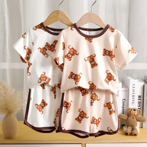  2pcs Toddler Boy/Girl Bear Printed  perfect for Casual Wear Comfy Top and Shorts set