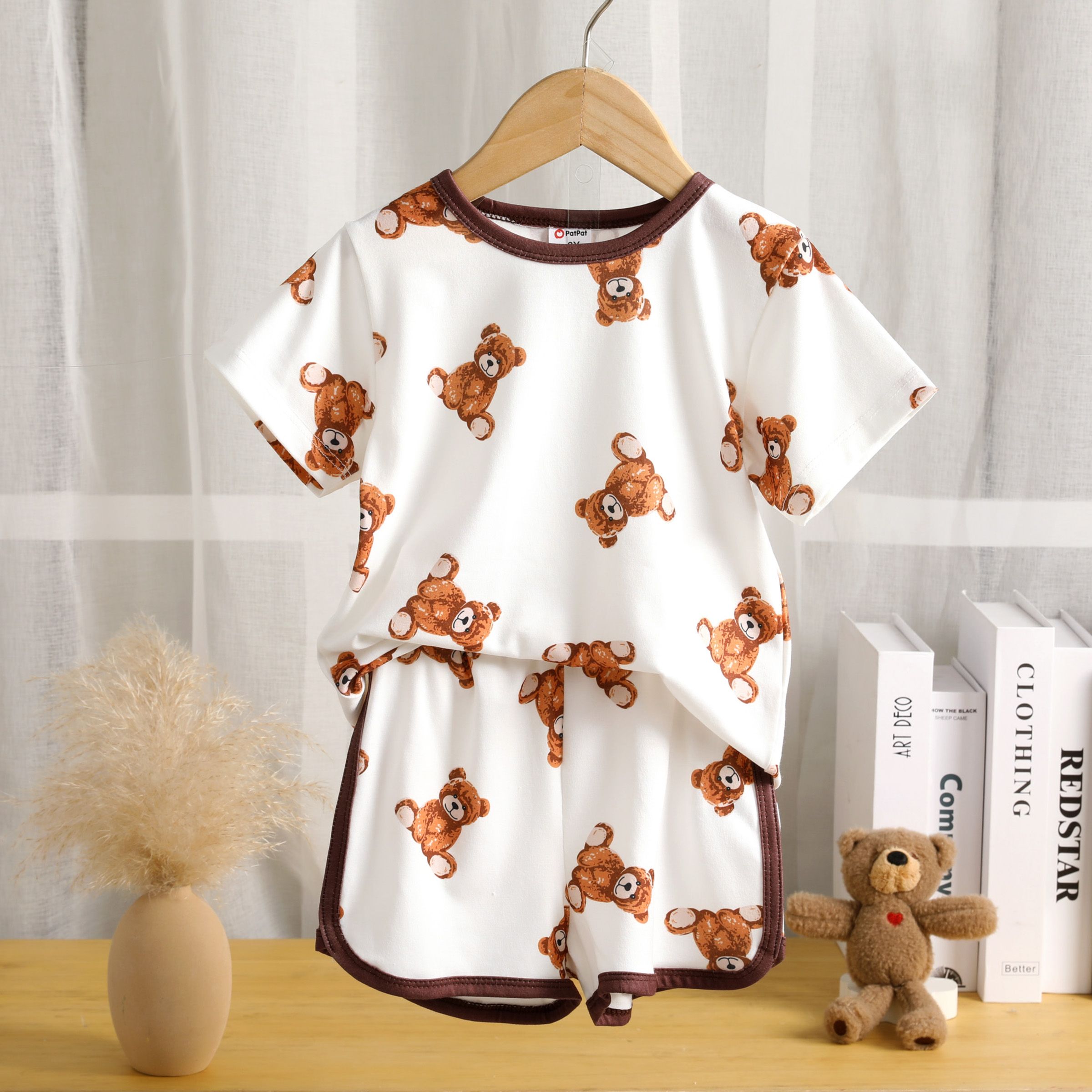 2pcs Toddler Boy/Girl Bear Printed  Perfect For Casual Wear Comfy Top And Shorts Set