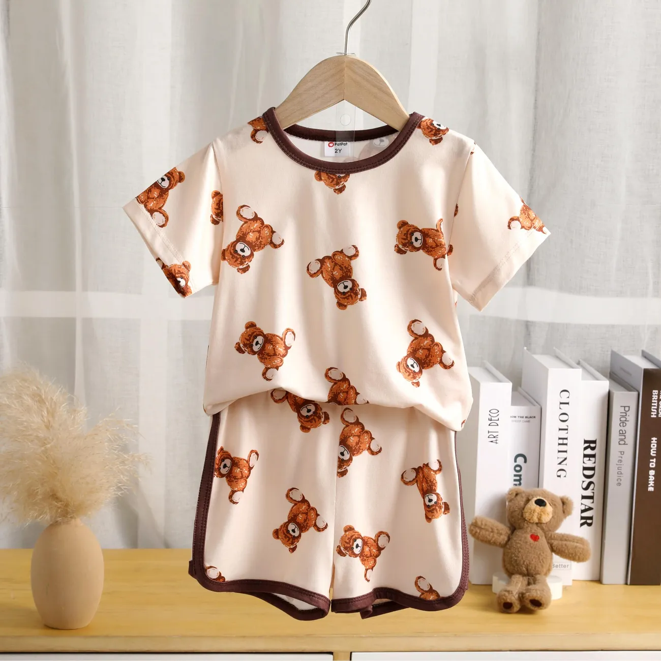  2pcs Toddler Boy/Girl Bear Printed  perfect for Casual Wear Comfy Top and Shorts set Khaki big image 1