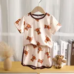  2pcs Toddler Boy/Girl Bear Printed  perfect for Casual Wear Comfy Top and Shorts set Khaki