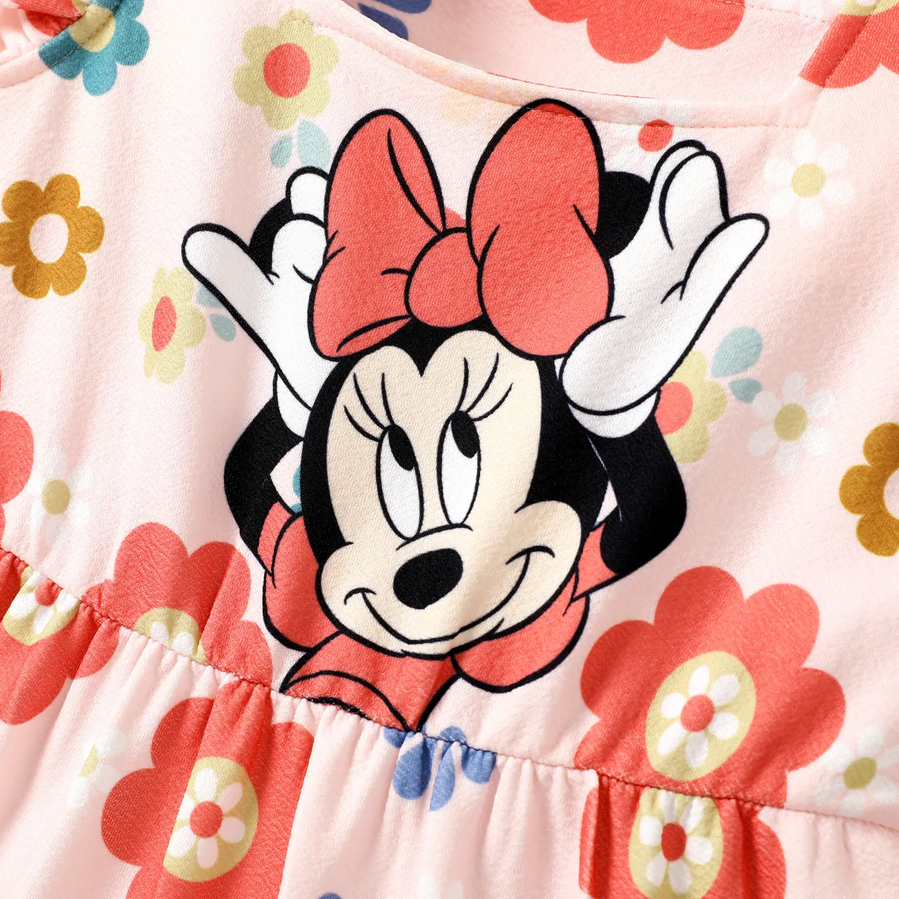 Disney Mickey and Friends 1 pc Kid Girl Character Print Floral Ruffled-Sleeve Dress Pink big image 1
