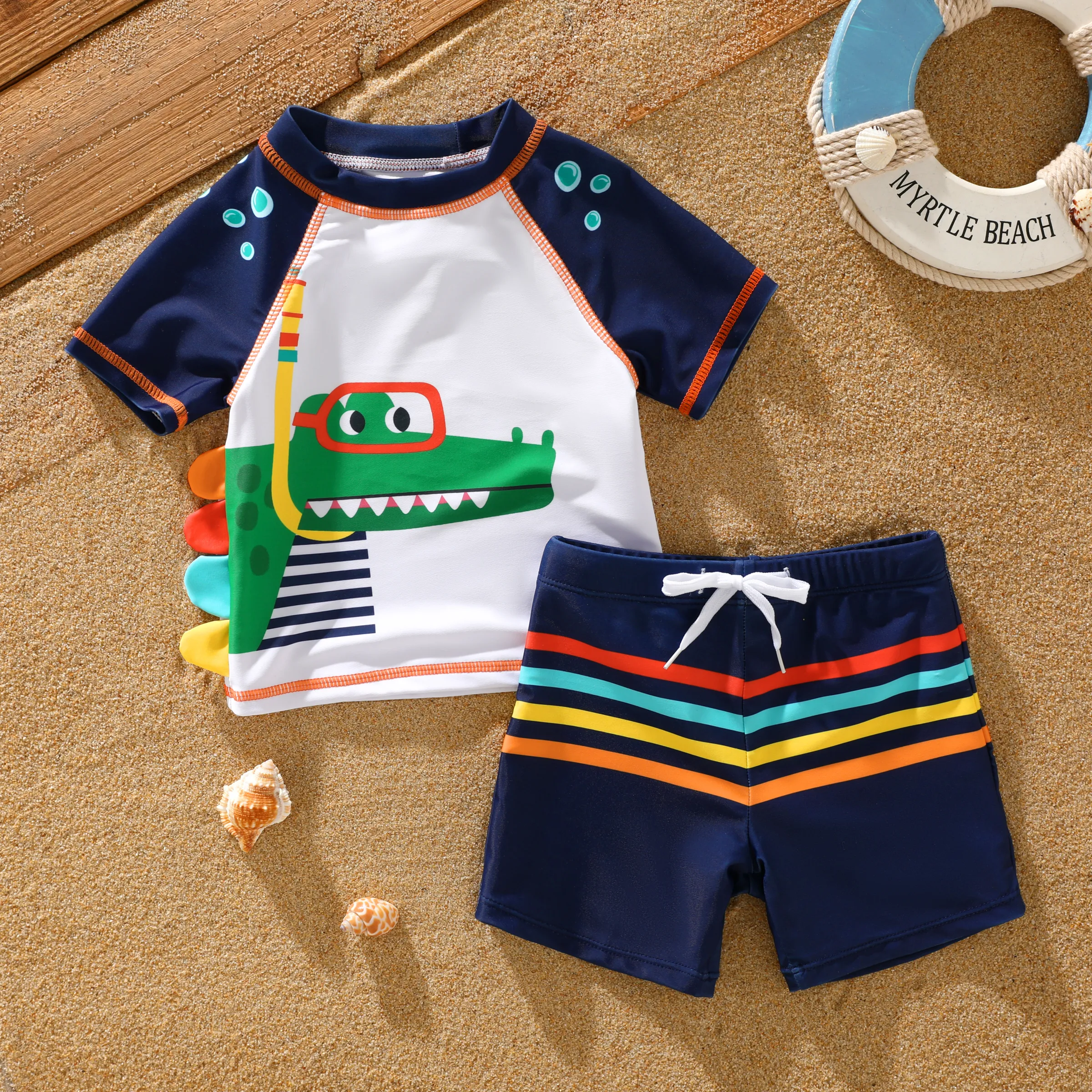 2pcs Crocodile Toddler Boy Swimsuit Top And Pants Set