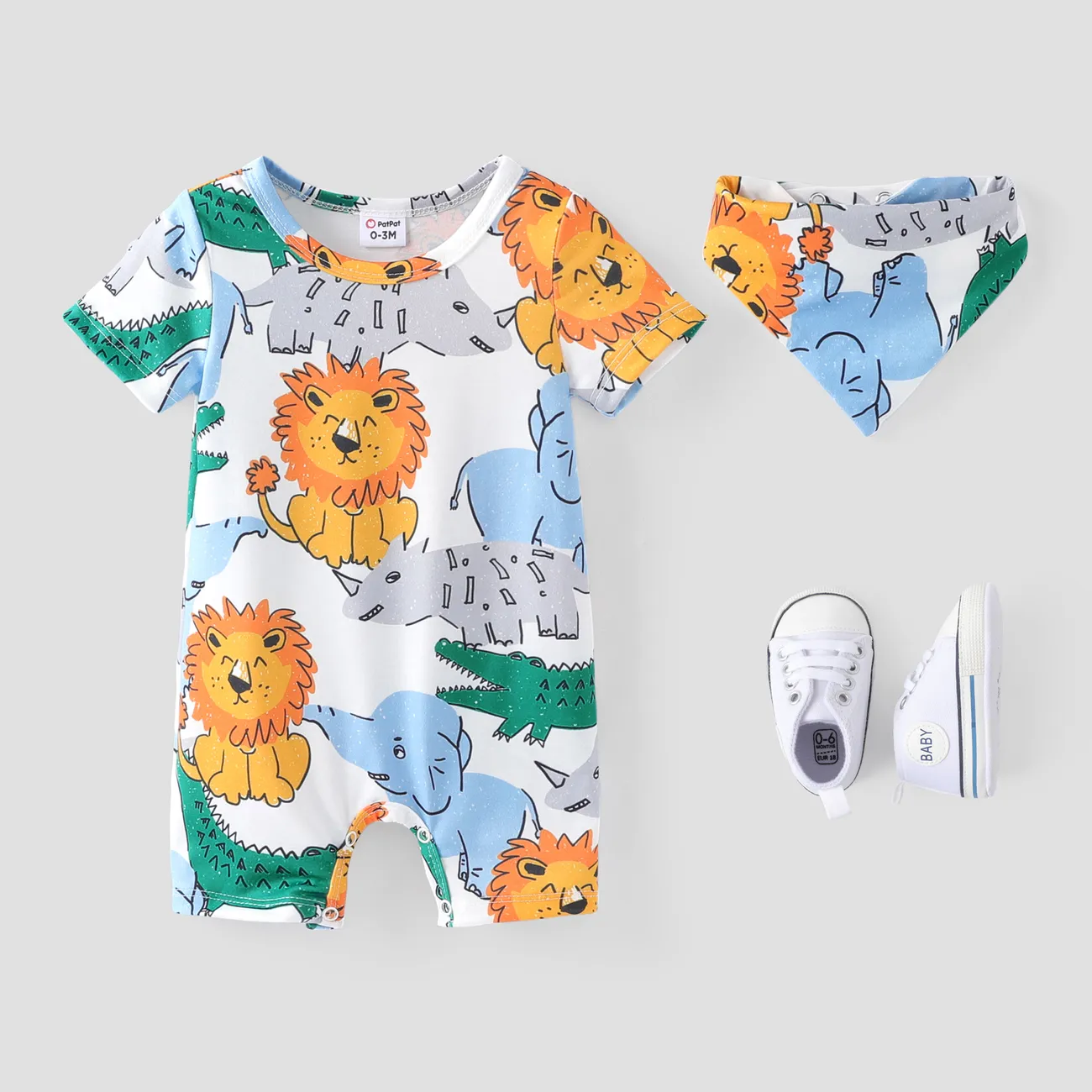 Baby Boy 2pcs Naia Lion Print Romper and Bib Set Multicolour-1 big image 1