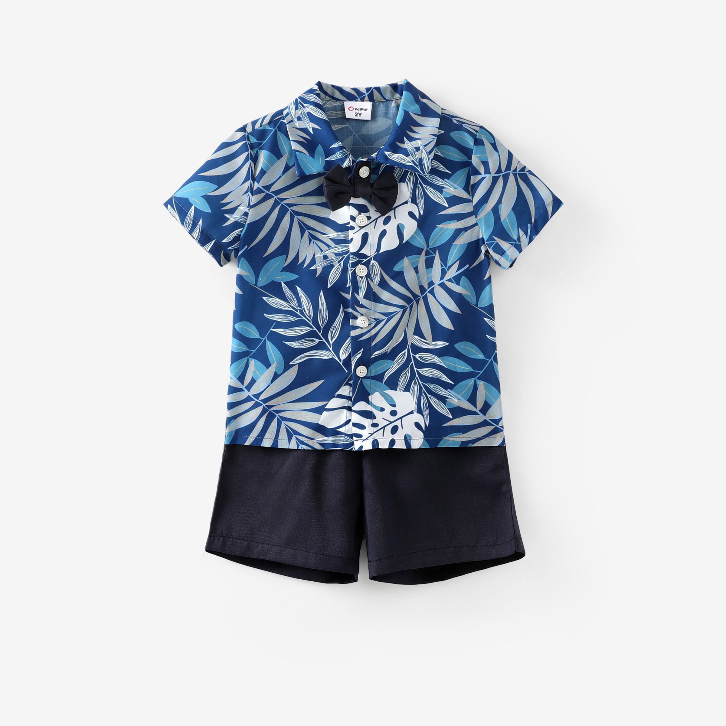 Toddler Boy 2pcs Bowknot Tropical Plant Shirt And Shorts Set/ Open Toe Sandals