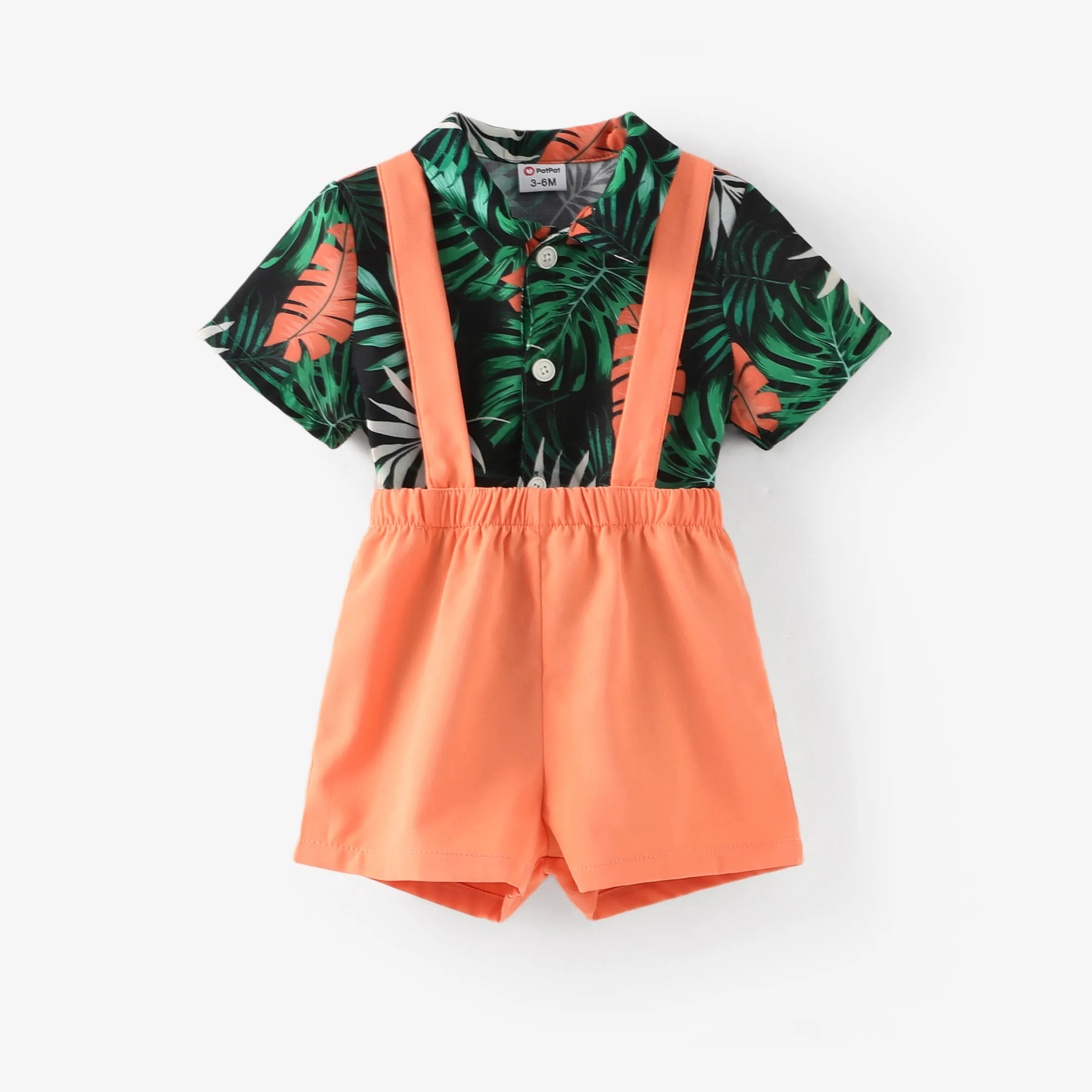 Baby Boy Square-Cut Collar Tropical Floral Print Romper And Overall Shorts Set/ Sandals