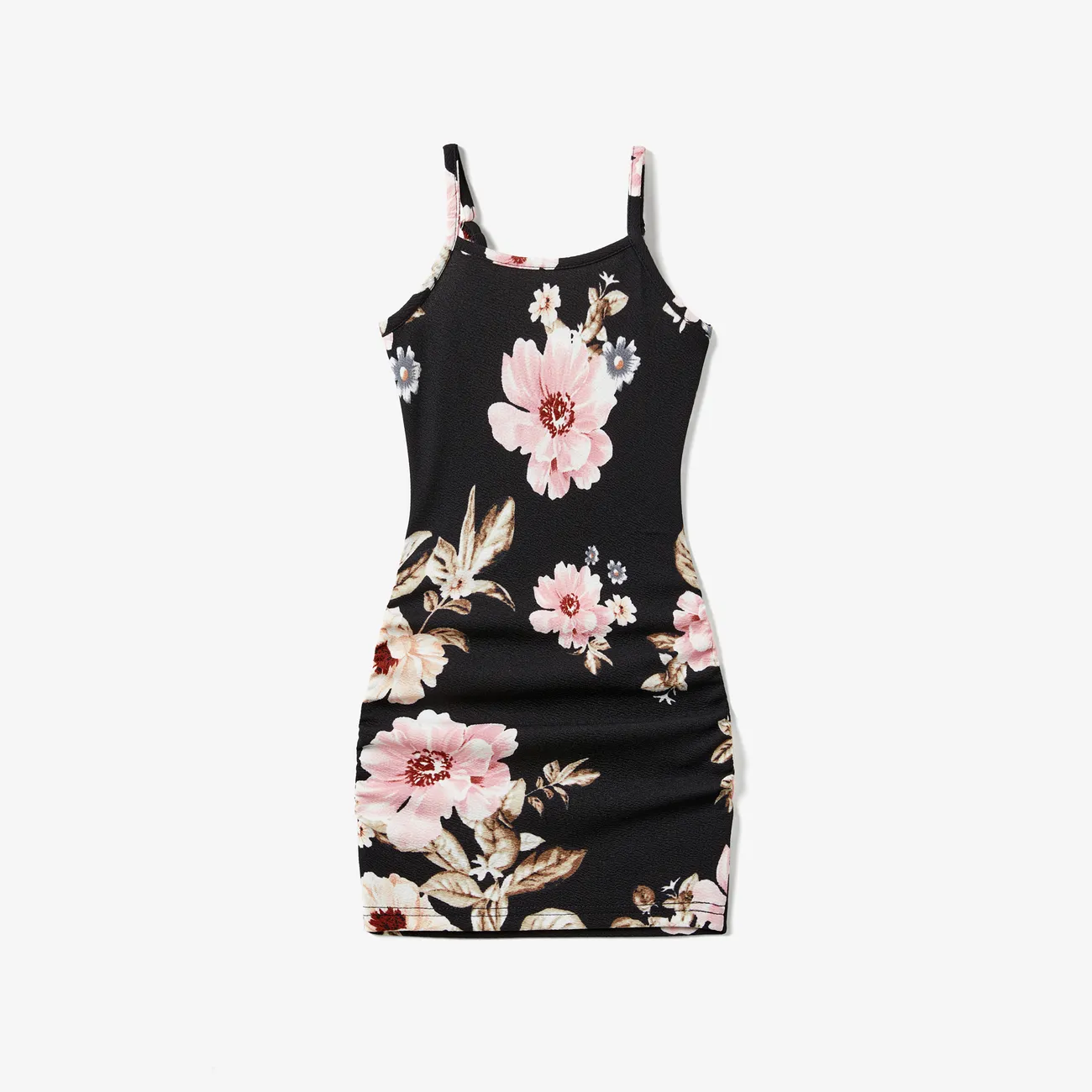 Family Matching Floral Panel Tee and Floral Drawstring Side Bodycon Strap Dress Sets Black big image 1
