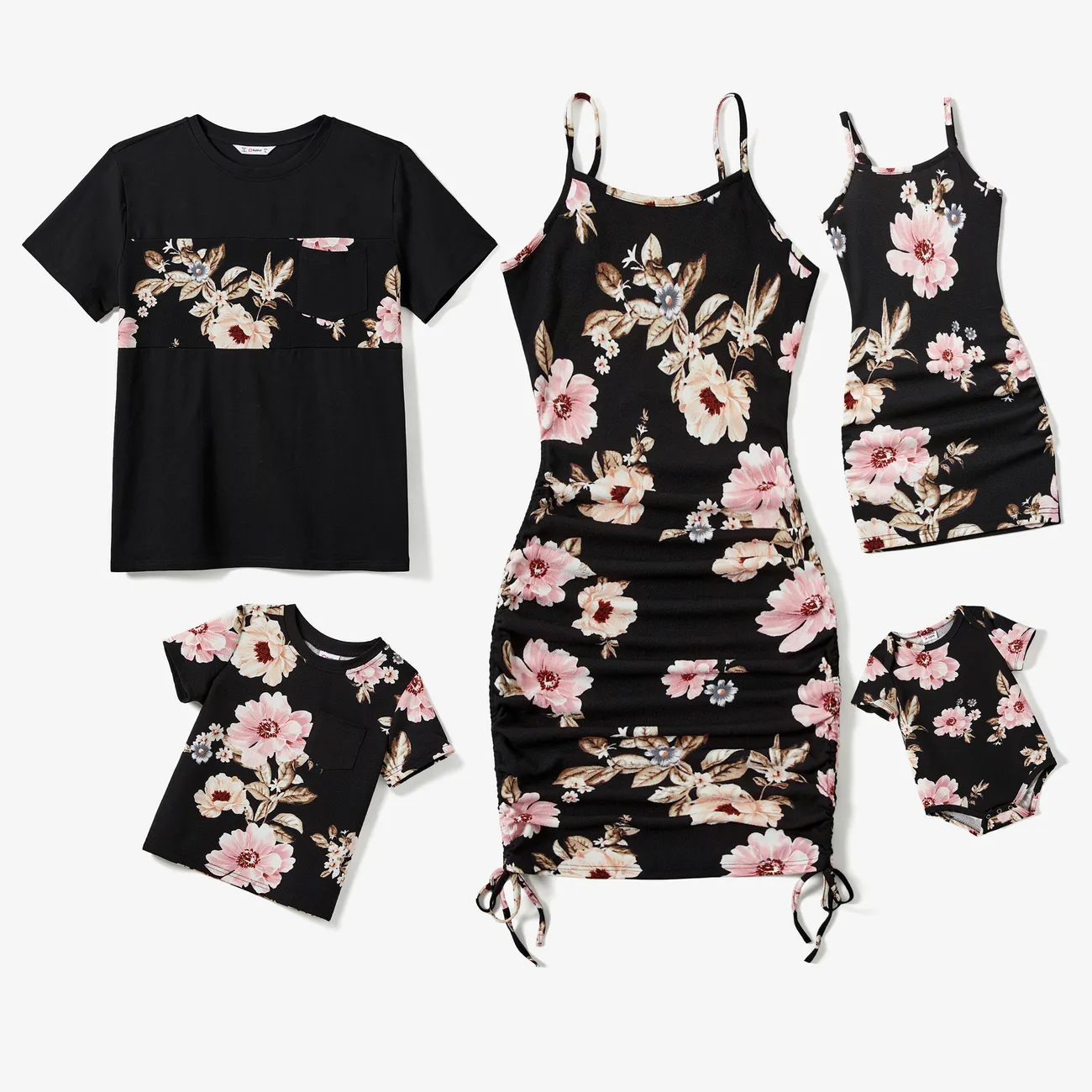 Family Matching Floral Panel Tee and Floral Drawstring Side Bodycon Strap Dress Sets Black big image 1