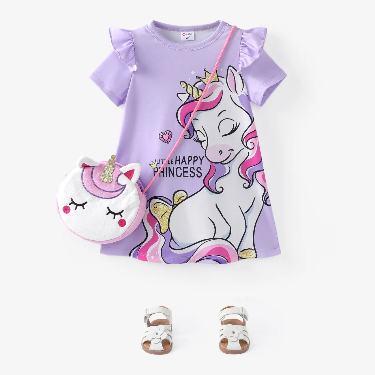 Toddler Girl Unicorn Letter Print Ruffled Dress/ Crossbody Bag/ Sandals Purple big image 1