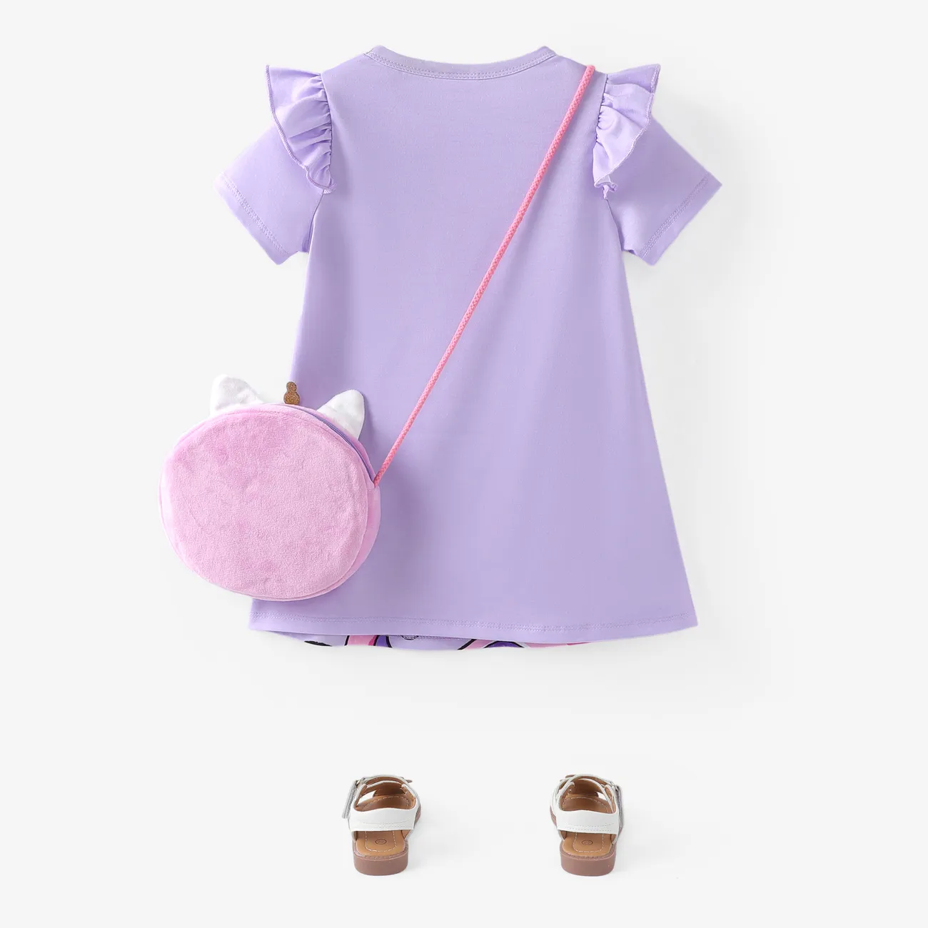 Vestido con volantes con estampado de letras de unicornio para niña pequeña / bolso bandolera / sandalias Púrpura big image 1