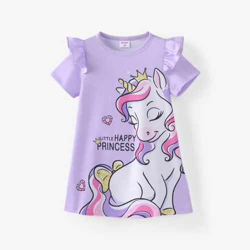 Vestido con volantes con estampado de letras de unicornio para niña pequeña / bolso bandolera / sandalias