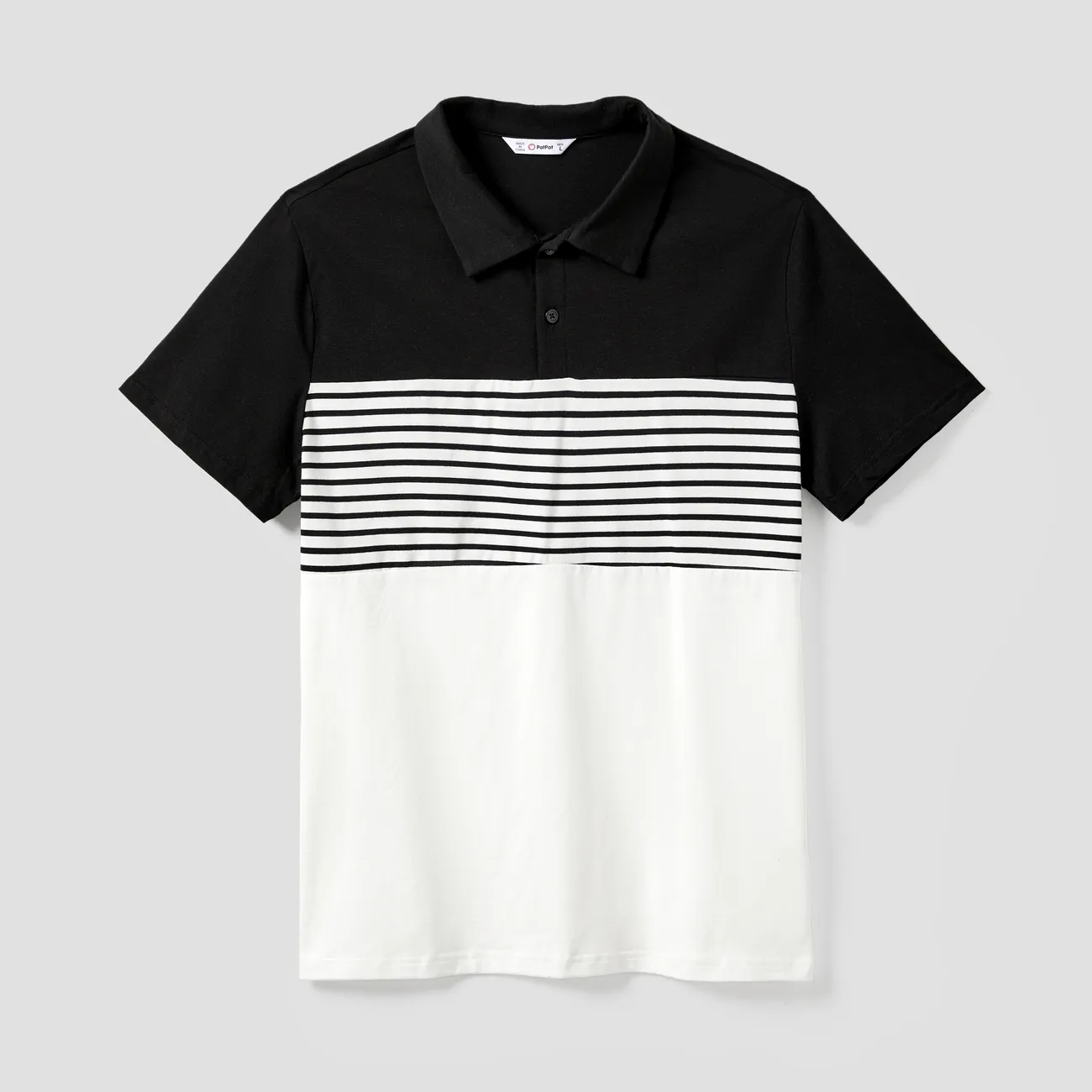 Family Matching Color Block Stripe Polo Shirt and Cami Spliced Tulle Dress with flocking Flower Pattern Sets BlackandWhite big image 1