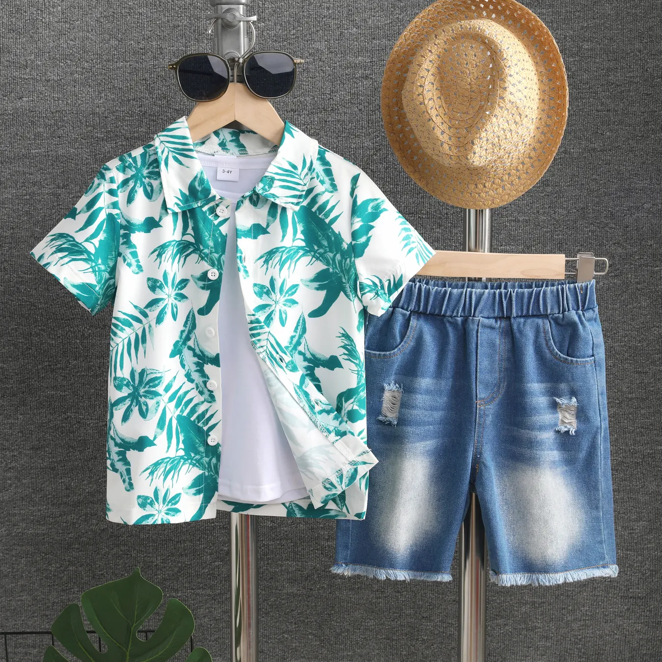 2pcs Kid Boy Casual Regular Fit Tropical Plants and Floral Lapel Top and Denim Pants Set  Turquoise big image 1